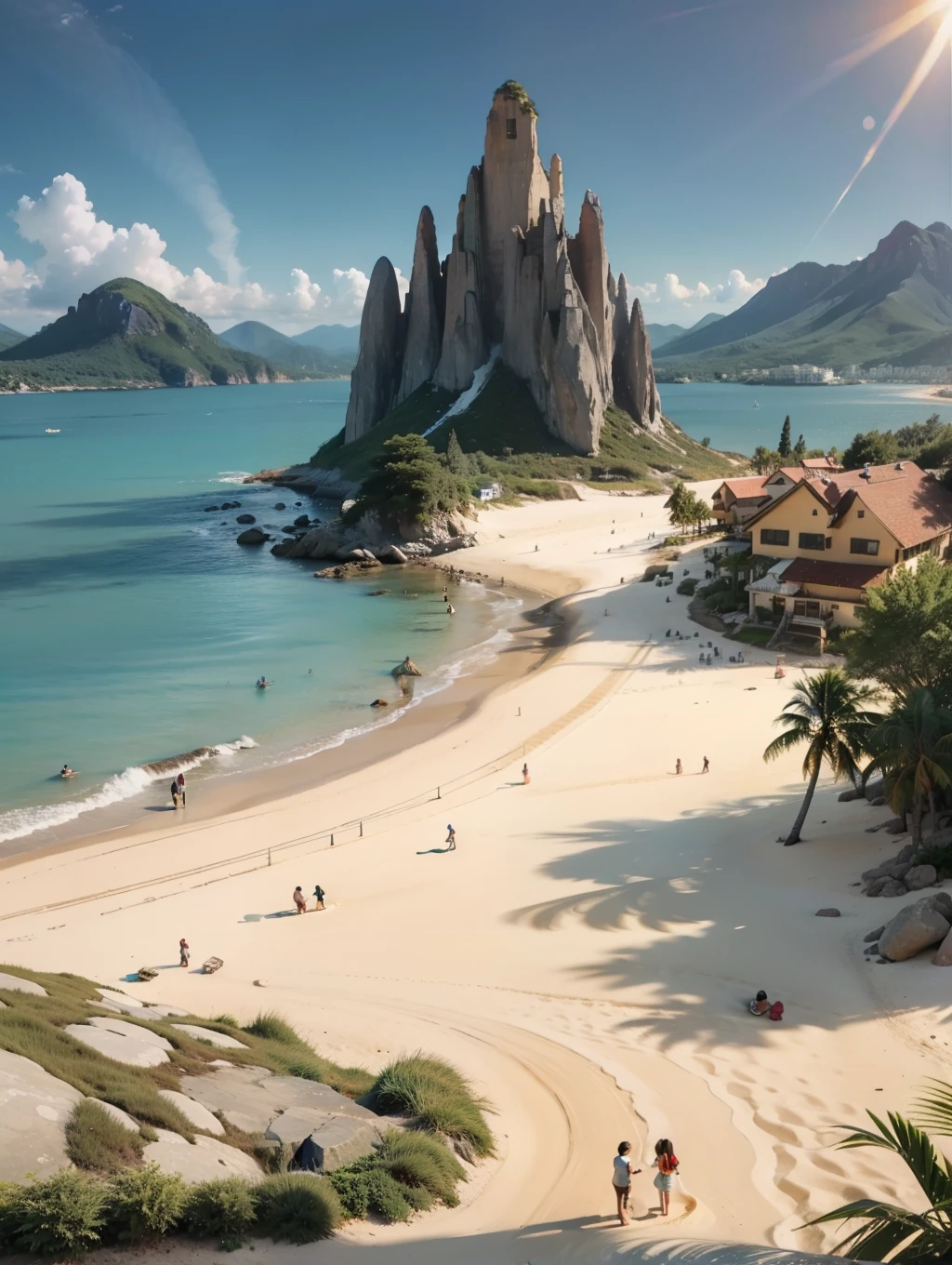 terraces, beach, clear water, bubbling, ray tracing, sand, reef, faint mountains in the distance, comics, 3d rendering, cartoon, cute style, sunny, outdoor, detailed, 4K, HD, high quality