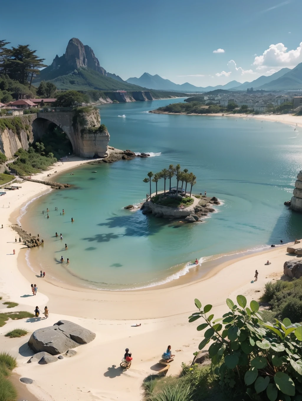 terraces, beach, clear water, bubbling, ray tracing, sand, reef, faint mountains in the distance, comics, 3d rendering, cartoon, cute style, sunny, outdoor, detailed, 4K, HD, high quality