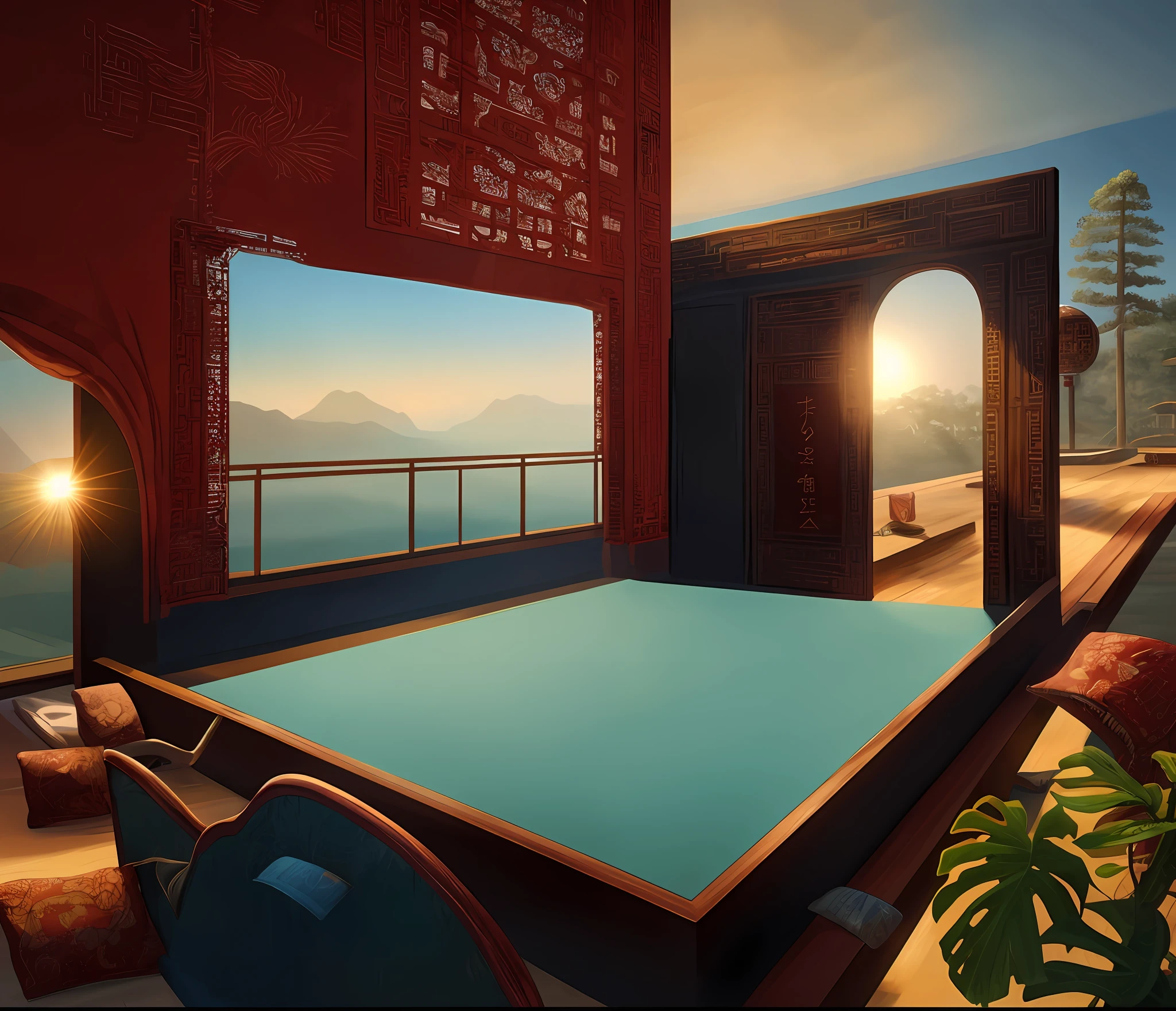 dominant colors: （（（Overall red））），real rendering，Reallightandshadow，(Antique interior design)、Chinese home furnishings、Circular entrance、Depth、symmetrical design、((Antique carved door beams、carved beam paintings、tables and chairs、Bonsai、vases、chinaware、the trees、florals、Chinese lamps、Embroidery、screen、Beds、cushion、Blue sand curtain))、Exquisite home、rich details​、Ancient Chinese Ming dynasty style、Quiet and elegant atmosphere、The blue tone is the base tone、Delicate and soft painting style、Cinematic lighting effects、high-definition picture quality、softlighting、Tyndall effect、dream magical、rich details​、Refer to Gu Kaizhi、32K、high high quality、A high resolution、VerydetailedCG，Realistic background, Fundo sala de estar,, hyper detailed scene,, realistic detailed background, highly detailed scenario, arte de fundo, detailed scene, round background