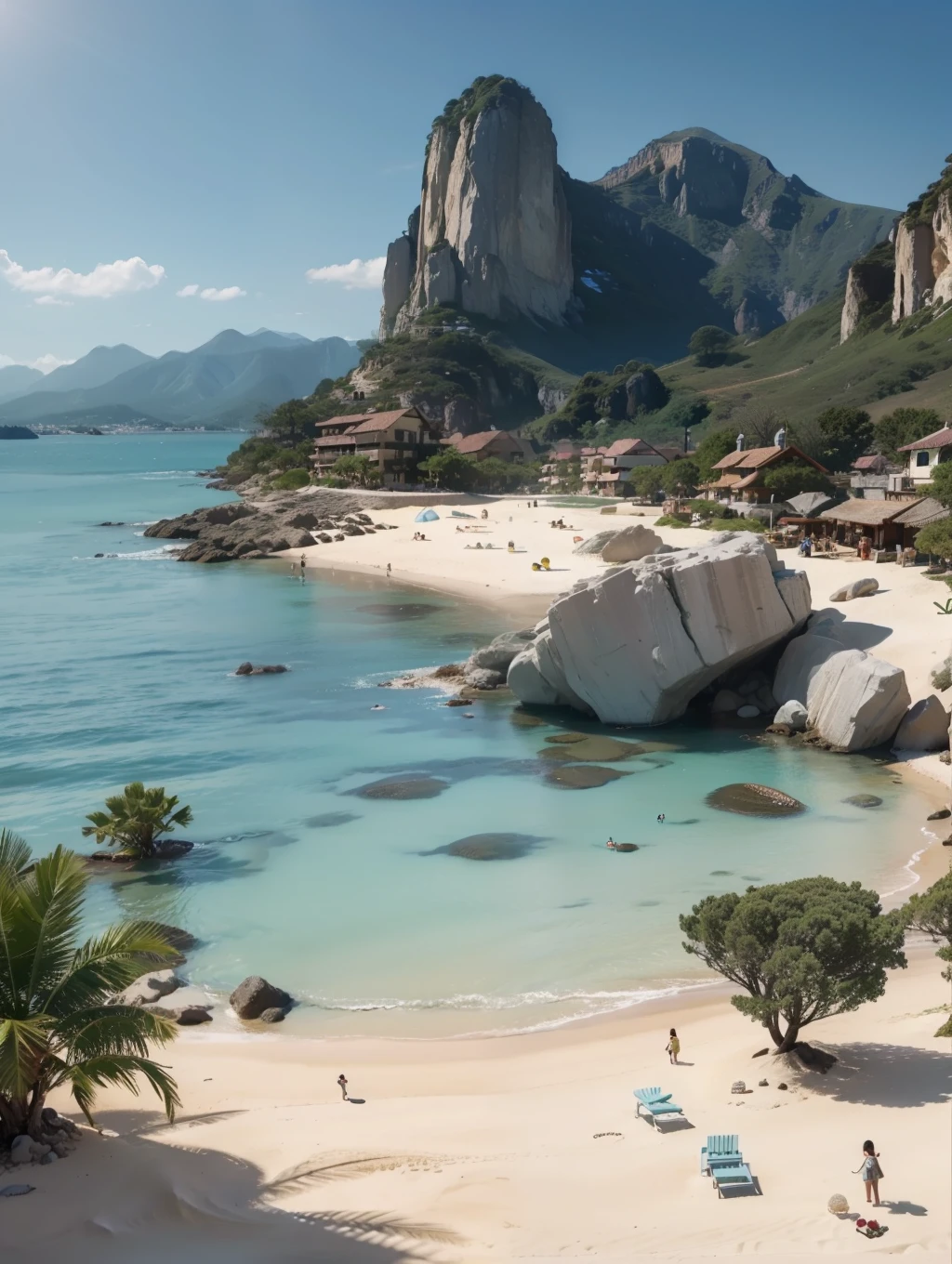 terraces, beach, clear water, bubbling, ray tracing, sand, reef, faint mountains in the distance, comics, 3d rendering, cartoon, cute style, sunny, outdoor, detailed, 4K, HD, high quality