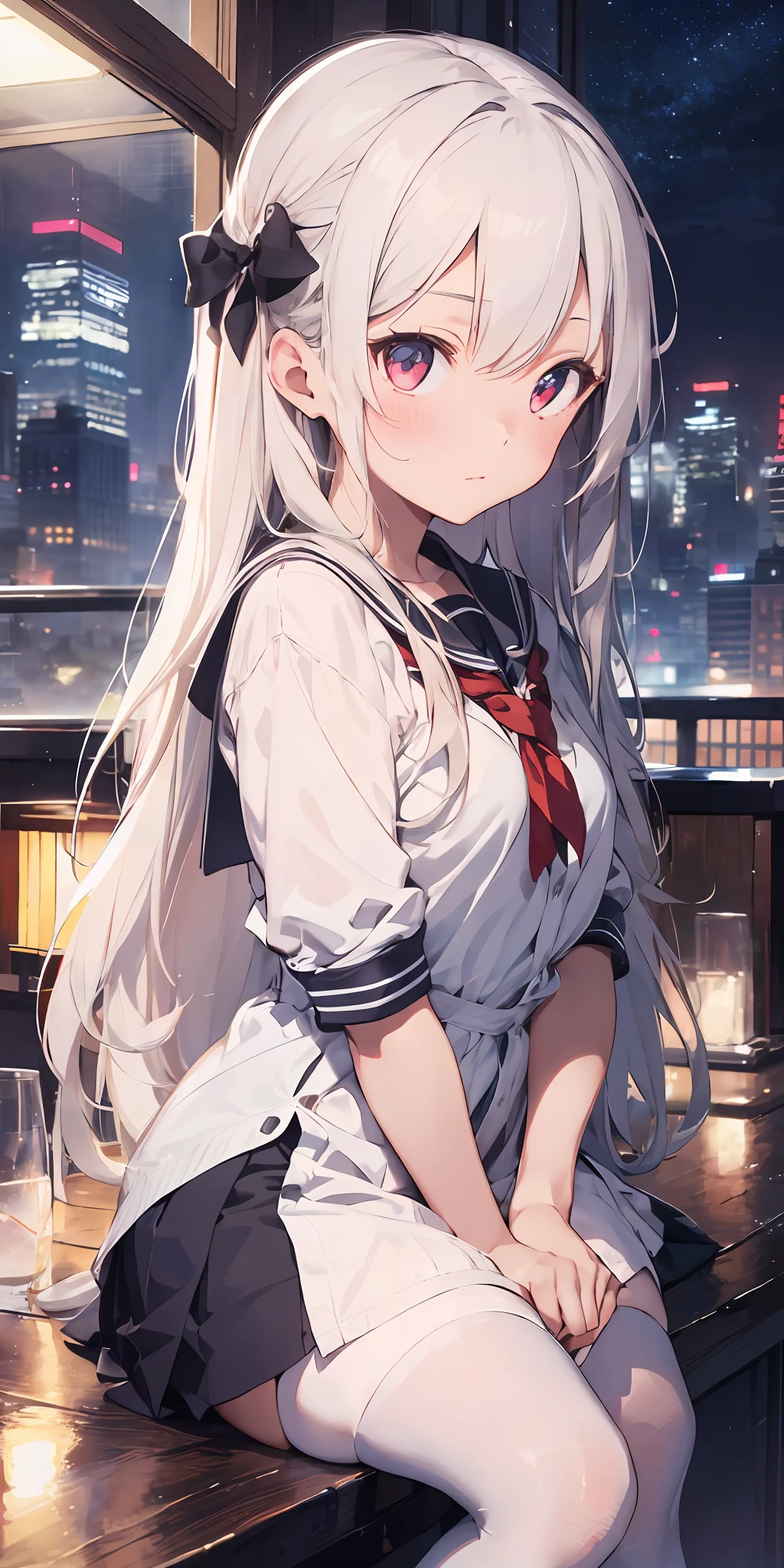 1girl, beautiful detailed eyes, long white hair, light red eyes, school uniform, high white stocking, lustrous skin, city, night, high contrast, ((masterpiece, best quality))
