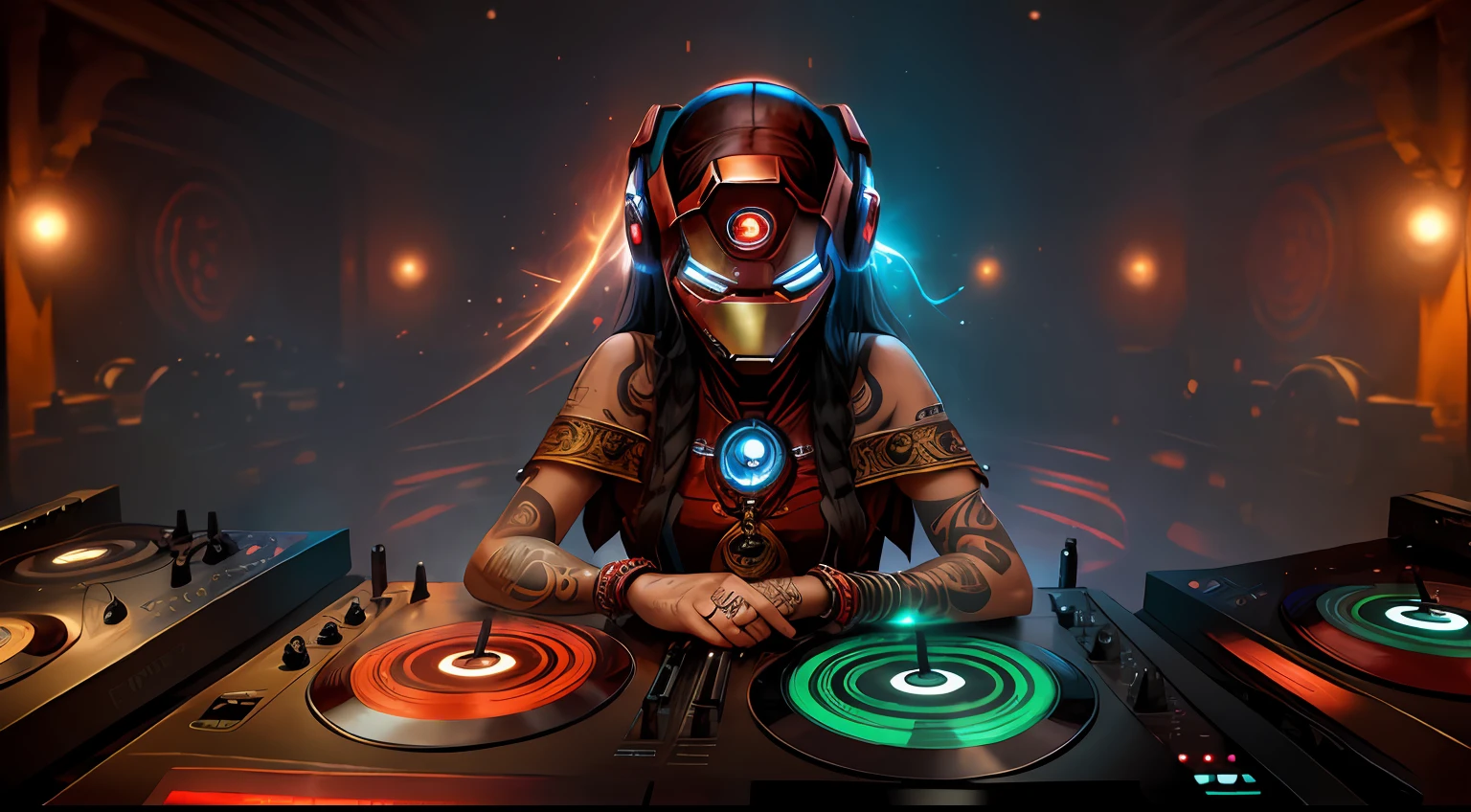 Young tantric priestess with percings tattoos and an ironman mask on her body mixing on a dj turntable in an ultra-realistic photo temple --auto