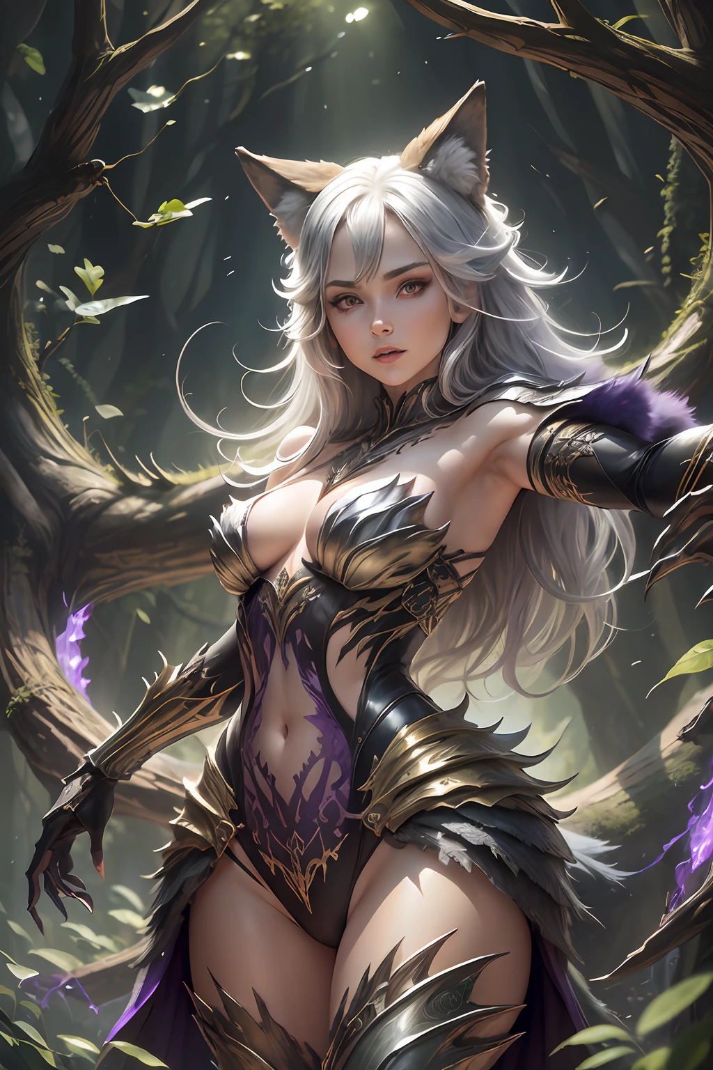female body wolf, purple fur, long silver claws, arms outstretched, stand-up --auto --s2