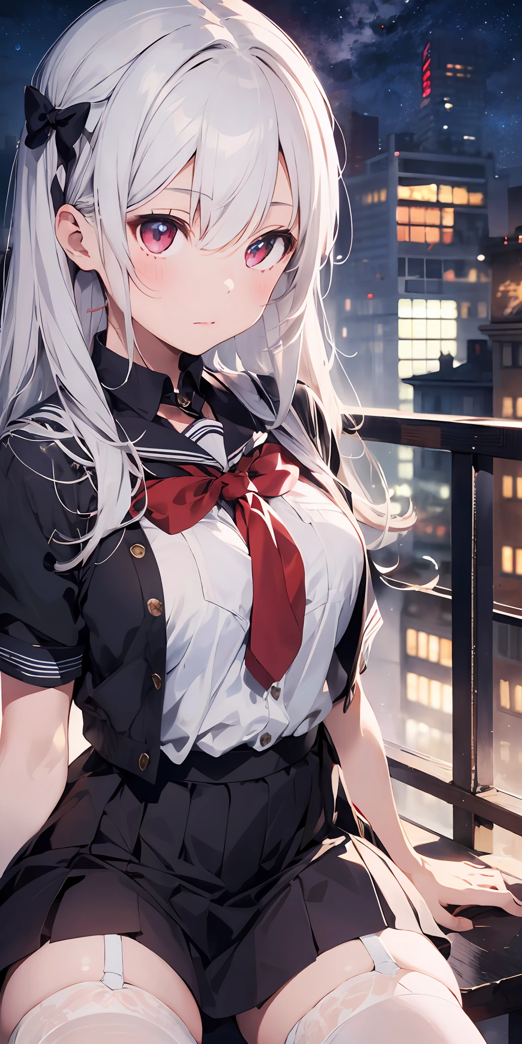 1girl, beautiful detailed eyes, long white hair, light red eyes, school uniform, high white stocking, lustrous skin, city, night, high contrast, ((masterpiece, best quality))