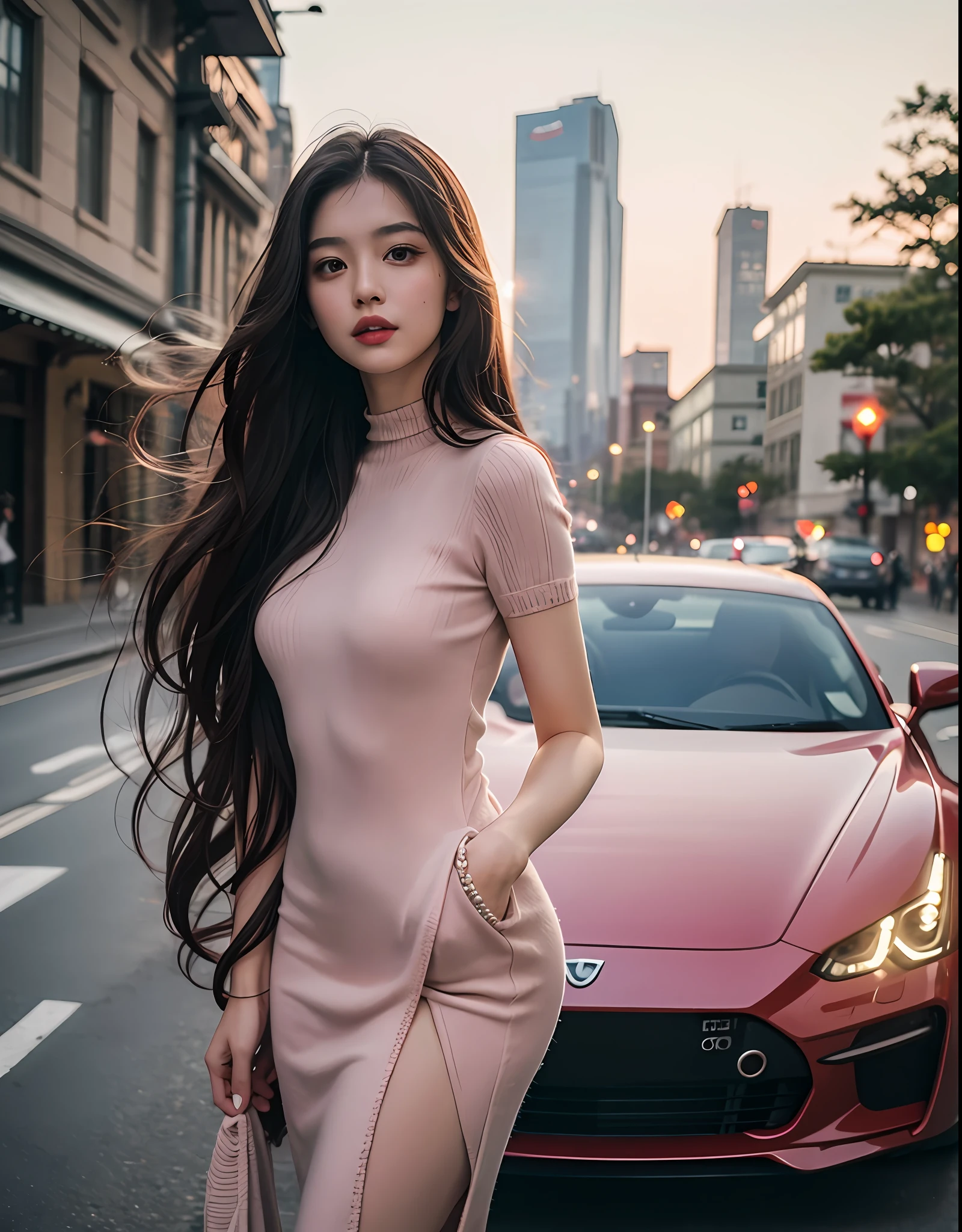 Imagine the highest quality photos。The background is a sophisticated cityscape、Luxury sports cars are shining bright lights。Beautiful long-haired female model in tight knitted dress posing in front of sports car。
Her knitted dress is an elegant pink color、Fit the body、Highlight beautiful curves。The material of the dress has a sense of luxury、Glossy。Her long hair was soft and wavy.、It sways in the wind to create an elegant atmosphere。
Female model looking at camera with confident expression.、The poses are attractive with a sophisticated posture。Fusion of beauty figures and sports cars、It further emphasizes the feeling of luxury and attraction。
Photos that capture lovely moments that convey the charm of luxury and fashion。.、It will make your viewers feel a gorgeous world。Elegant pose of model and glamorous sight of sports car、It is a photo that exudes an attractive sense of luxury...。