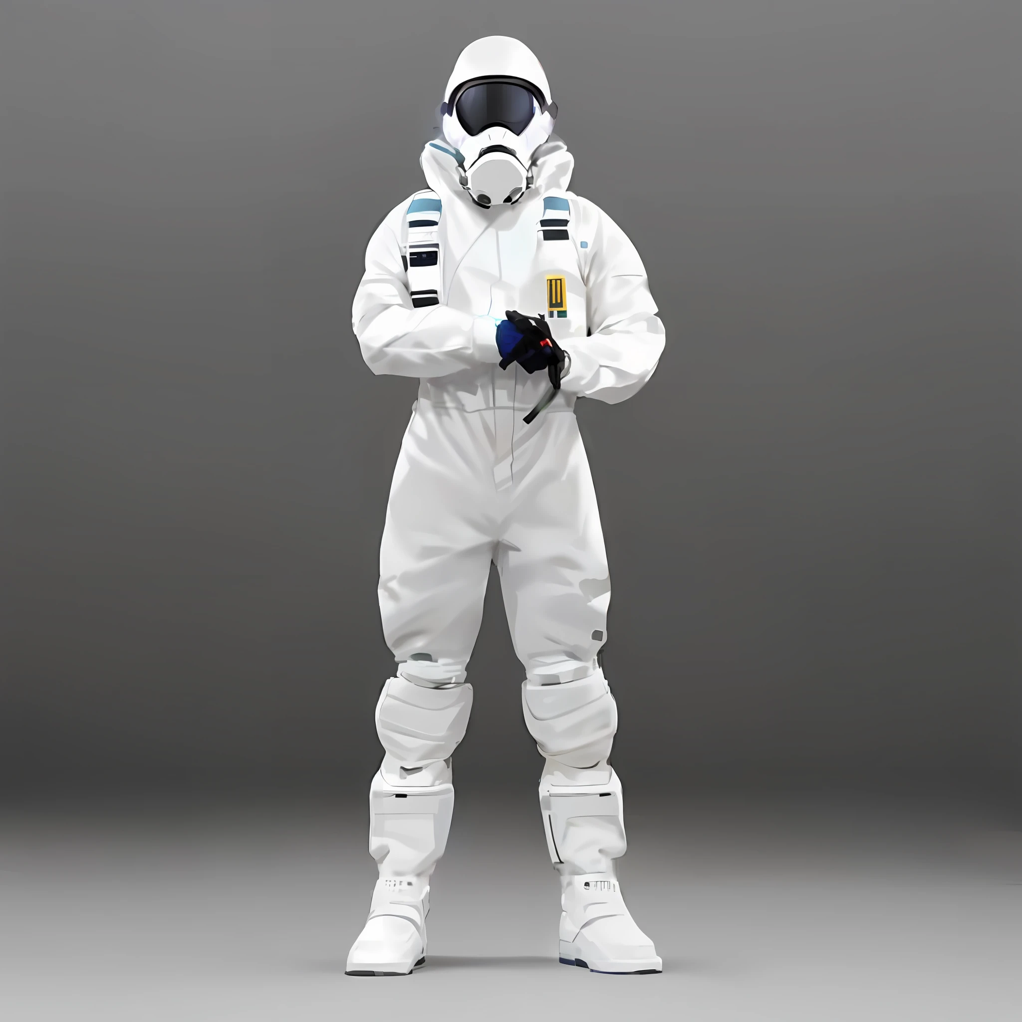 a man in a white space suit with a helmet and a gas mask, technical suit, fully space suited, wearing human air force jumpsuit, science fiction suit, Foco no traje de voo anti-G, traje espacial, traje espacial futurista, traje espacial moderno, science fiction space suit, sci - terno fi, terno hev, vestindo roupas espaciais, Traje de voo de tecnologia