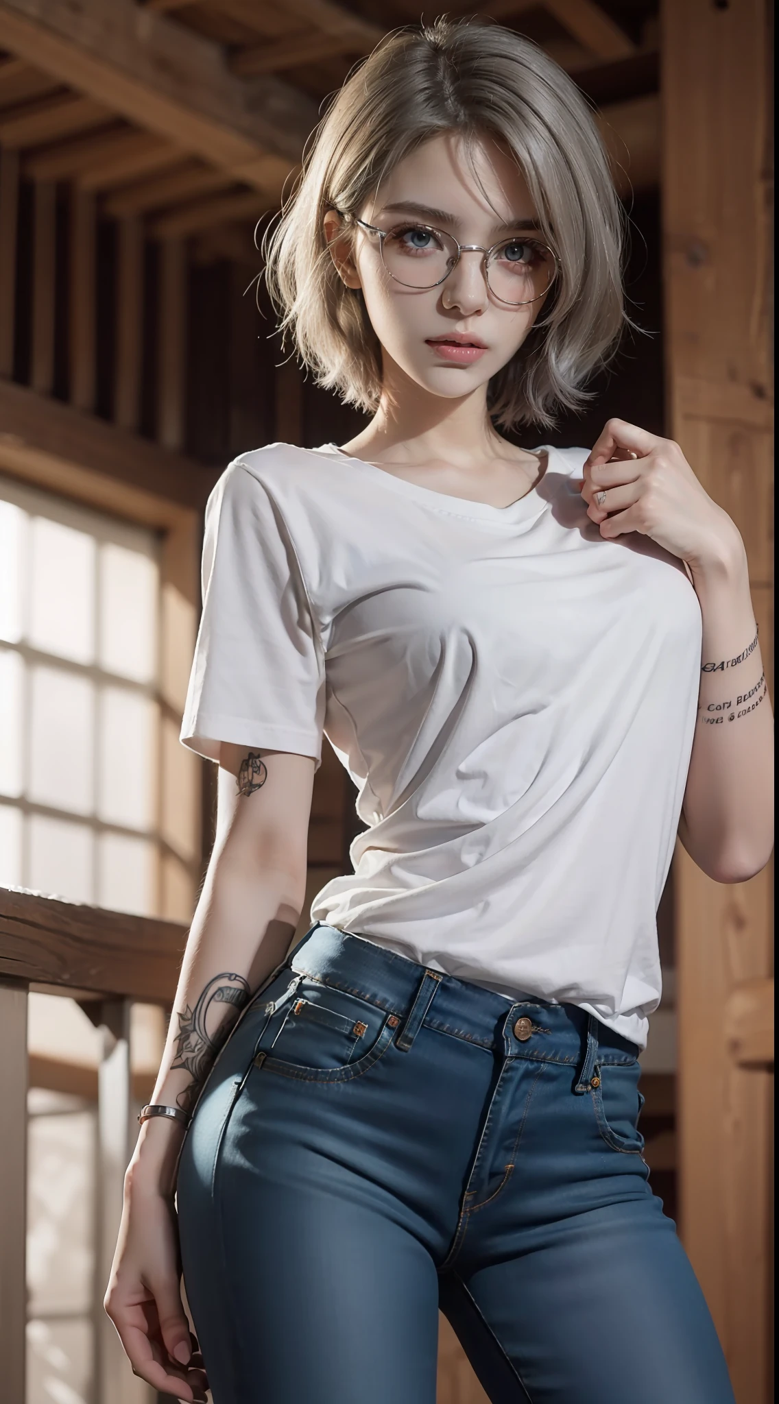 masterpiece, best quality, realistic, highly detailed, 1girl, solo, cowboy shot, preaty girl, red eyes, silver hair, short hair, glasses, thin lips, large breats, Shirt, skinny jeans, sexy look, tatto,
