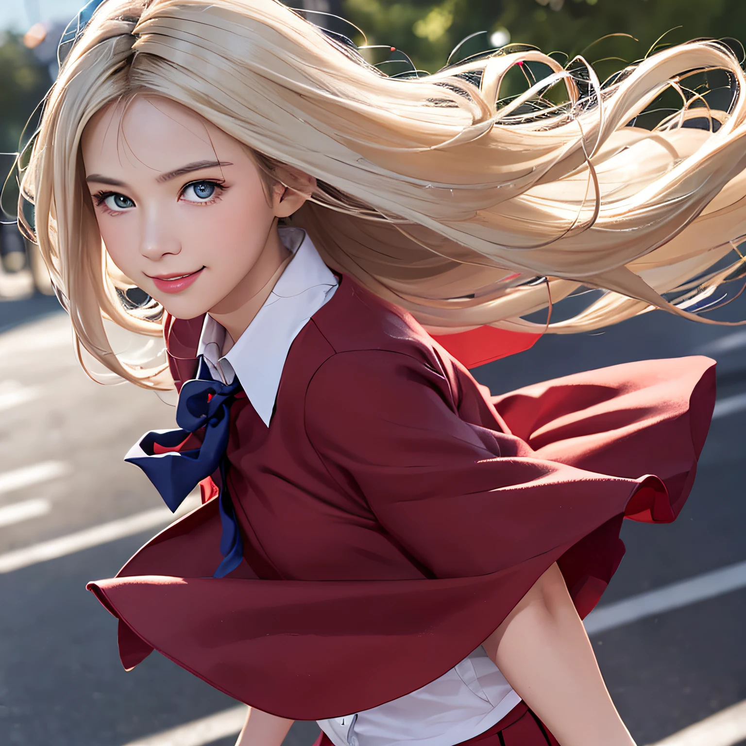 (8K, RAW Photos, of the highest quality, Masterpieces: 1.2), (Realistic, Photorealistic: 1.37), Highest Quality, Ultra High Resolution, light leaks, Dynamic lighting, Slim and smooth skin, (Full body:1.3), (Soft Saturation: 1.6), (Fair skin: 1.2), (Glossy skin: 1.1), Oiled skin, 22 years old, Night, shiny white blonde, Well-formed, Hair fluttering in the wind, Close-up shot of face only, Physically Based Rendering, From multiple angles, A big smile, School uniform, Pleated skirt, thunderstorm, The Flash,