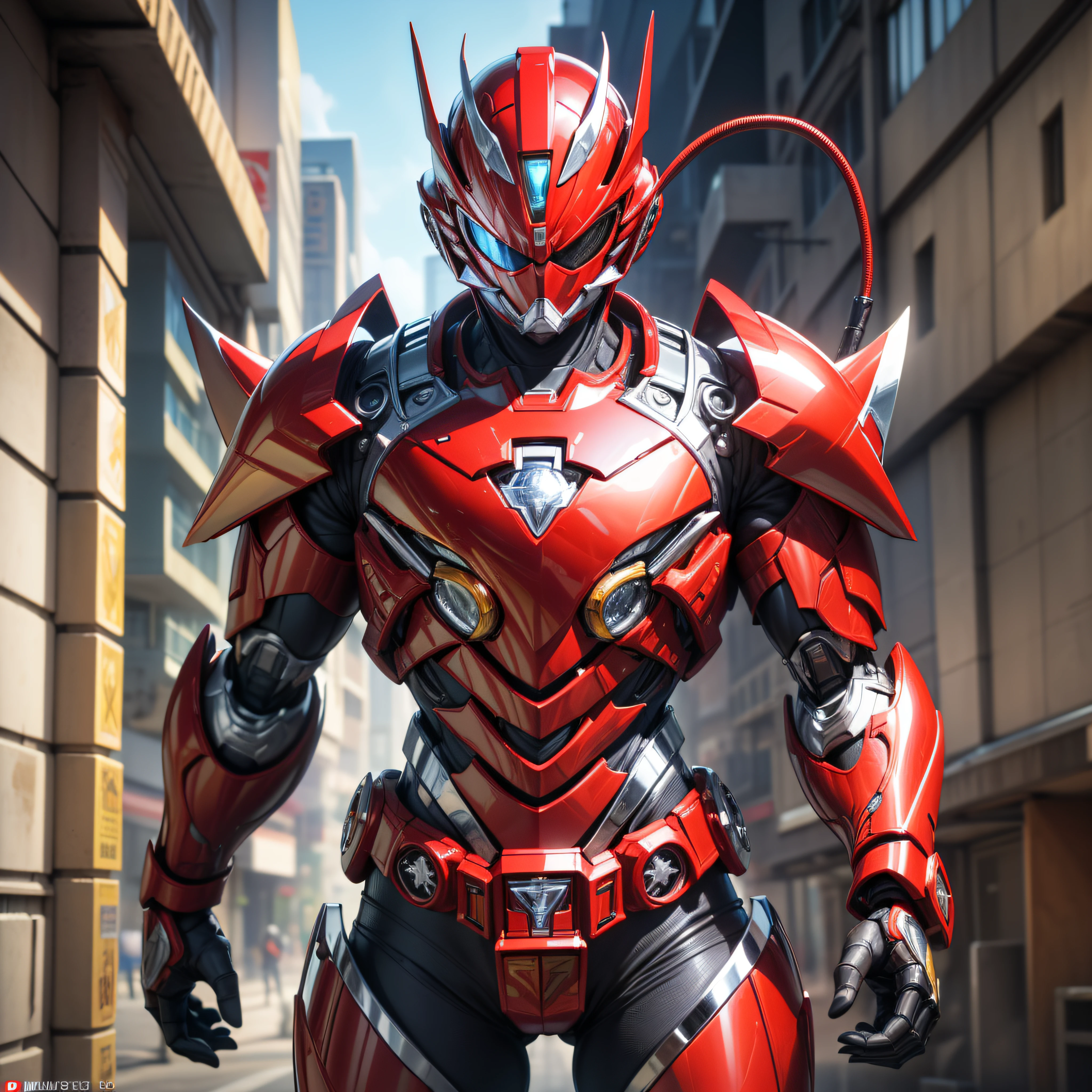 Handsome man, made of red metal, (Red Cyborg: 1.1), (((Red Power Ranger's style helmet with chrome face plate))), ([Tail | Detail Wire]: 1.3), (Complex Detail), HDR, (Complex Detail, Ultra Detail: 1.2), Cinematic Shot, Masterpiece, Best Quality, High Resolution, Vaginal Foreign Object Insertion, Centering