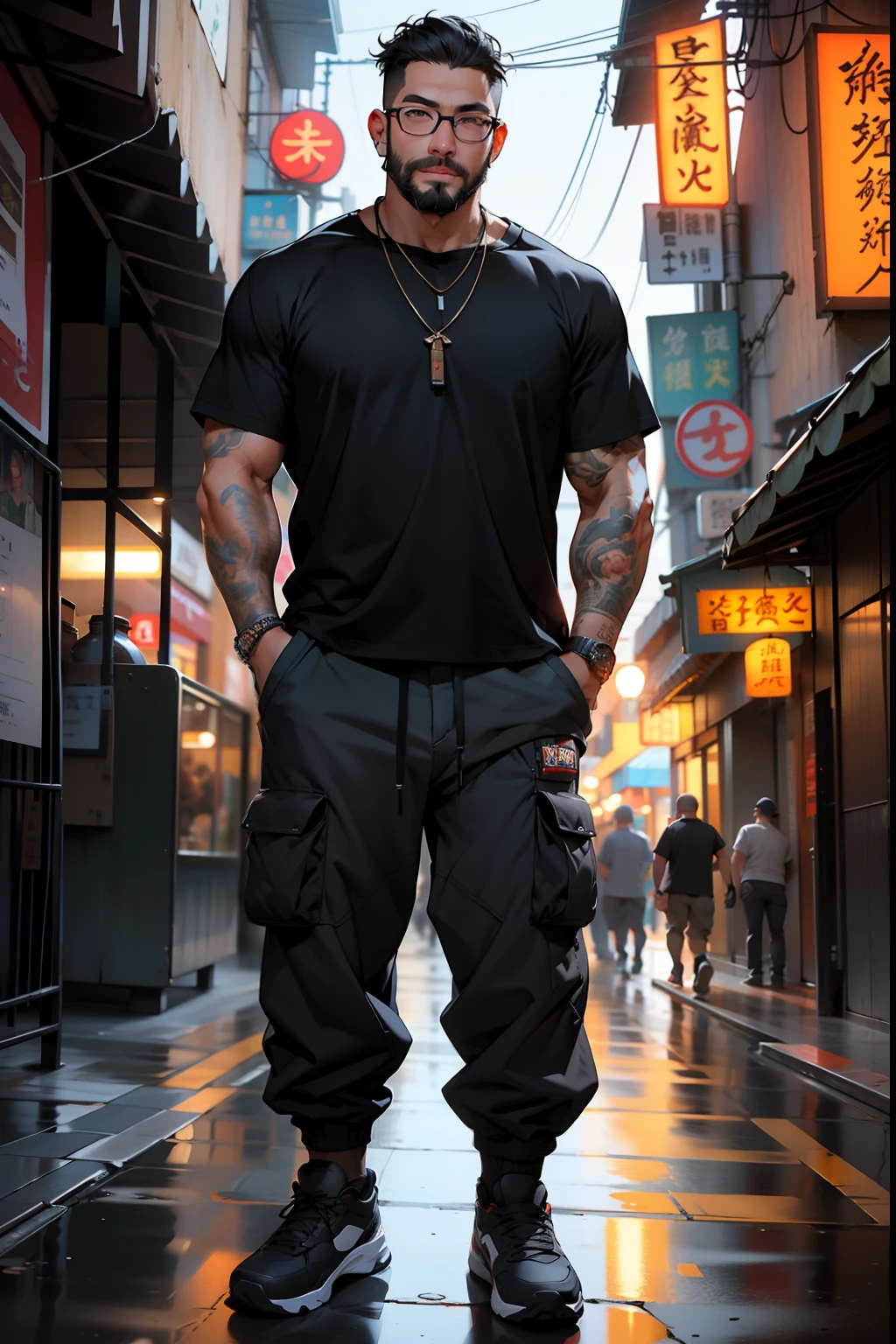 1man,short hair, muscular, beard, Streetwear,cargo pants, necklace,taiwan, street, (masterpiece, best quality, highres, ultra detailed ), night , depth of field, glasses,