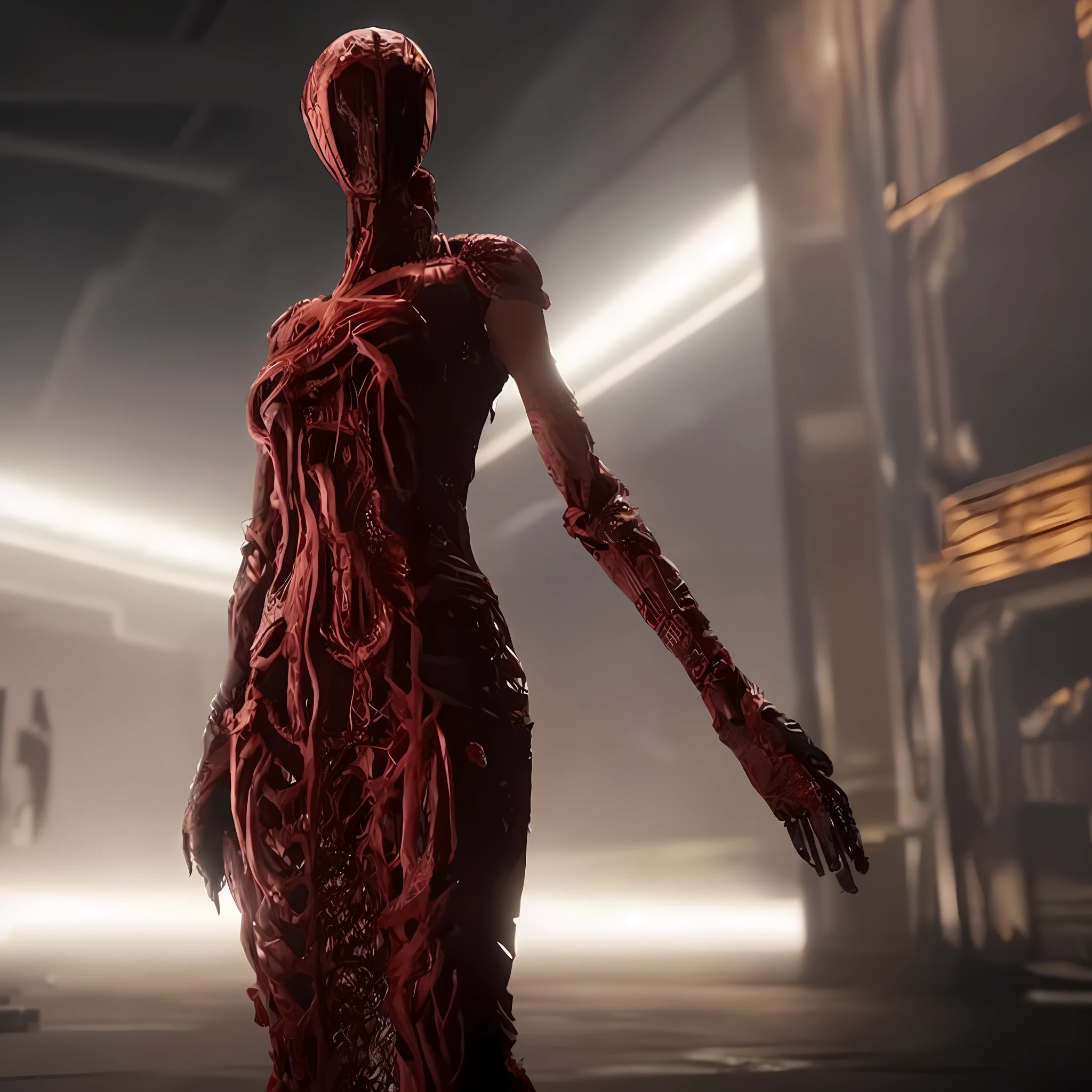 a woman in a red dress standing in a room, Jogo de Scorn, arte do personagem do motor irreal, unreal engine 5 render dramatic, Feito em Unreal Engine 5, motor irreal', Unreal Engine 5 altamente renderizado, unreal 5 motor renderizado, renderizar no Unreal Engine 5, unreal engine render + uma deusa, unreal 5 motor renderizado, renderizado no Unreal Engine 5, unreal engine 5 quality render