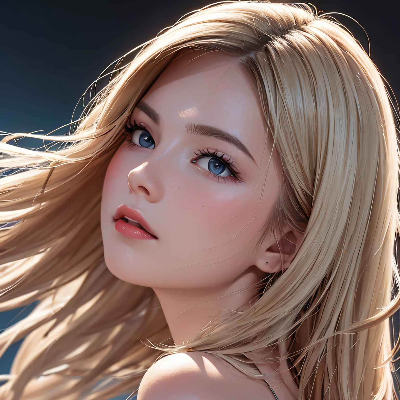 (8K, RAW Photos, of the highest quality, Masterpieces: 1.2), (Realistic, Photorealistic: 1.37), Highest Quality, Ultra High Resolution, light  leaks, Dynamic lighting, Slim and smooth skin, (Full body:1.3), (Soft Saturation: 1.6), (Fair skin: 1.2), (Glossy skin: 1.1), Oiled skin, 22 years old, Night, shiny white blonde, Well-formed, Hair fluttering in the wind, Close-up shot of face only, Physically Based Rendering, From multiple angles