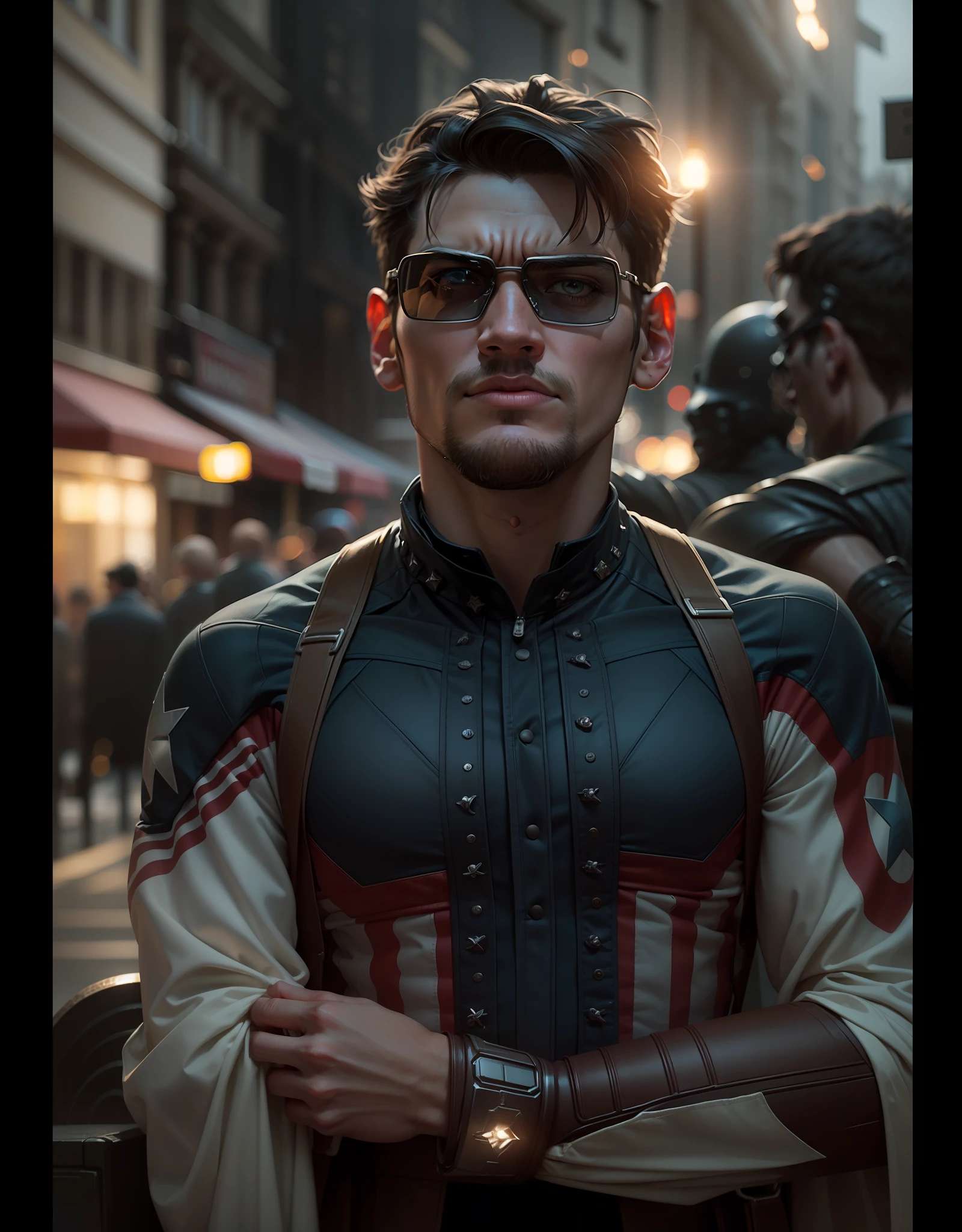 . Tarantino style this person as Captain America 8k, high definition, detailed face, detailed face, detailed eyes, detailed suit, in style of marvel and dc, hyper-realistic, + cinematic shot + dynamic composition, incredibly detailed, sharpen, details + superb details + evening with light + perfectionism + award winning realism ((moody lighting))