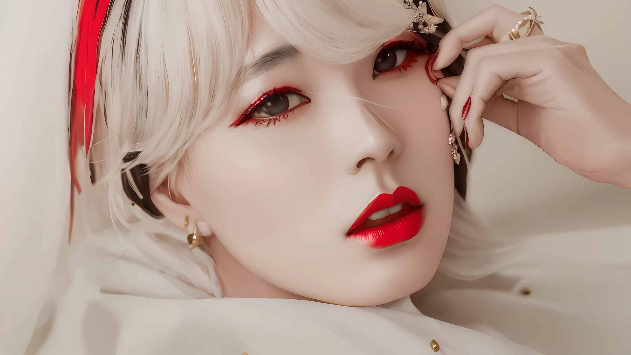 Black and white photo of a red-lipped arapi woman, inspired by Tang Sin Yun Sandara, sun yunjoo, inspired by Jeong Seon, portrait of female korean idol, author：Tang Xianyun Sundara, black and white and red colors, black white and red colors, [ Realistic photo ]!!, inspired by Kim Deuk-sin
