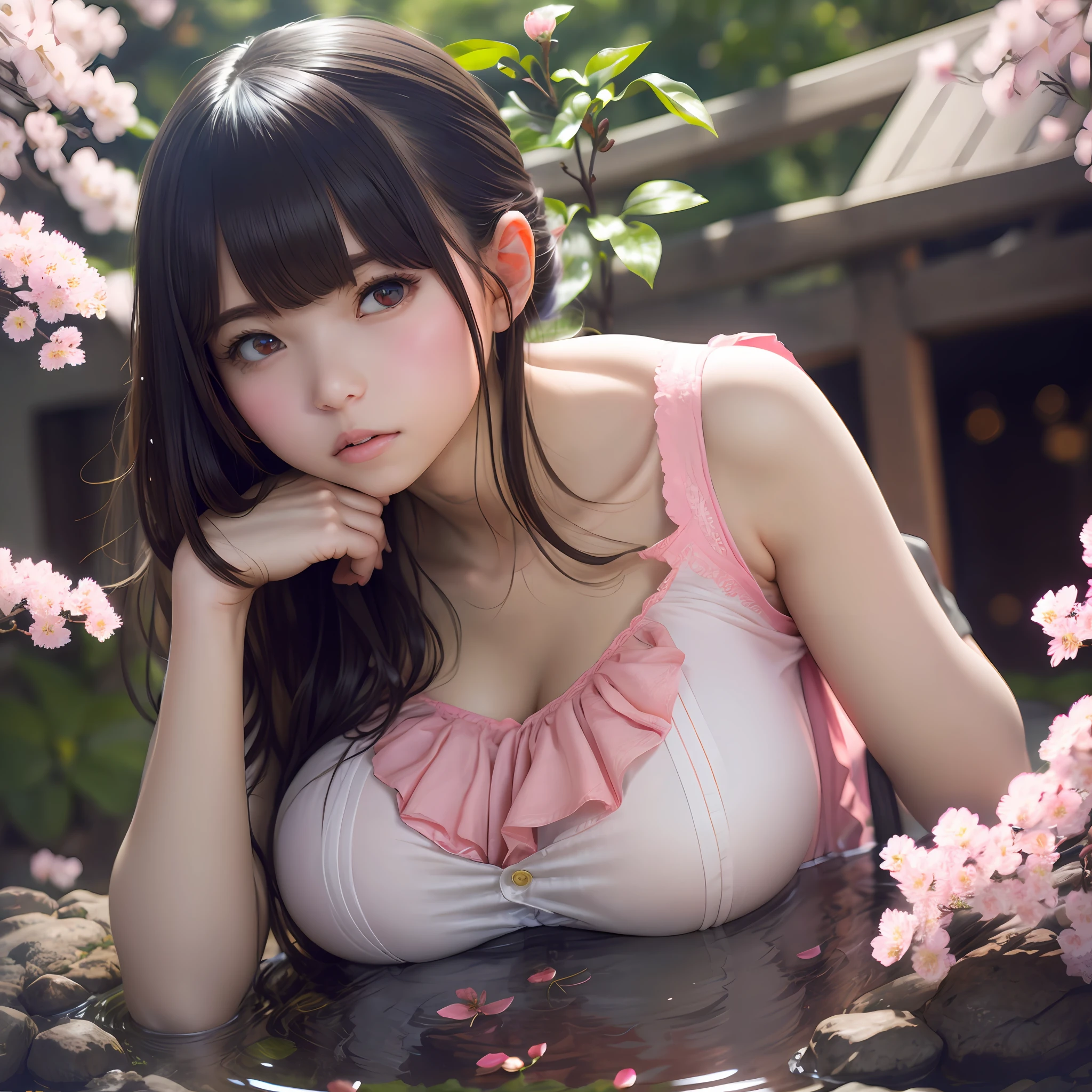 high resolution, highest quality, super high quality, super detail, ultra realistic, photorealistic, anime, manga, illustration, animification, portrait, hot springs, hands on the rock, butt out, looking back, super cute woman, flowing layered messy light gray short bob, sparkling big pink eyes, mysterious, enchanting, lonely look, embarrassed face, alluring moist lips, huge breasts, under boob, great proportion, perfect proportion, slender, full body, hide by hand, background cherry tree, fluttering petals of cherry blossoms --auto
