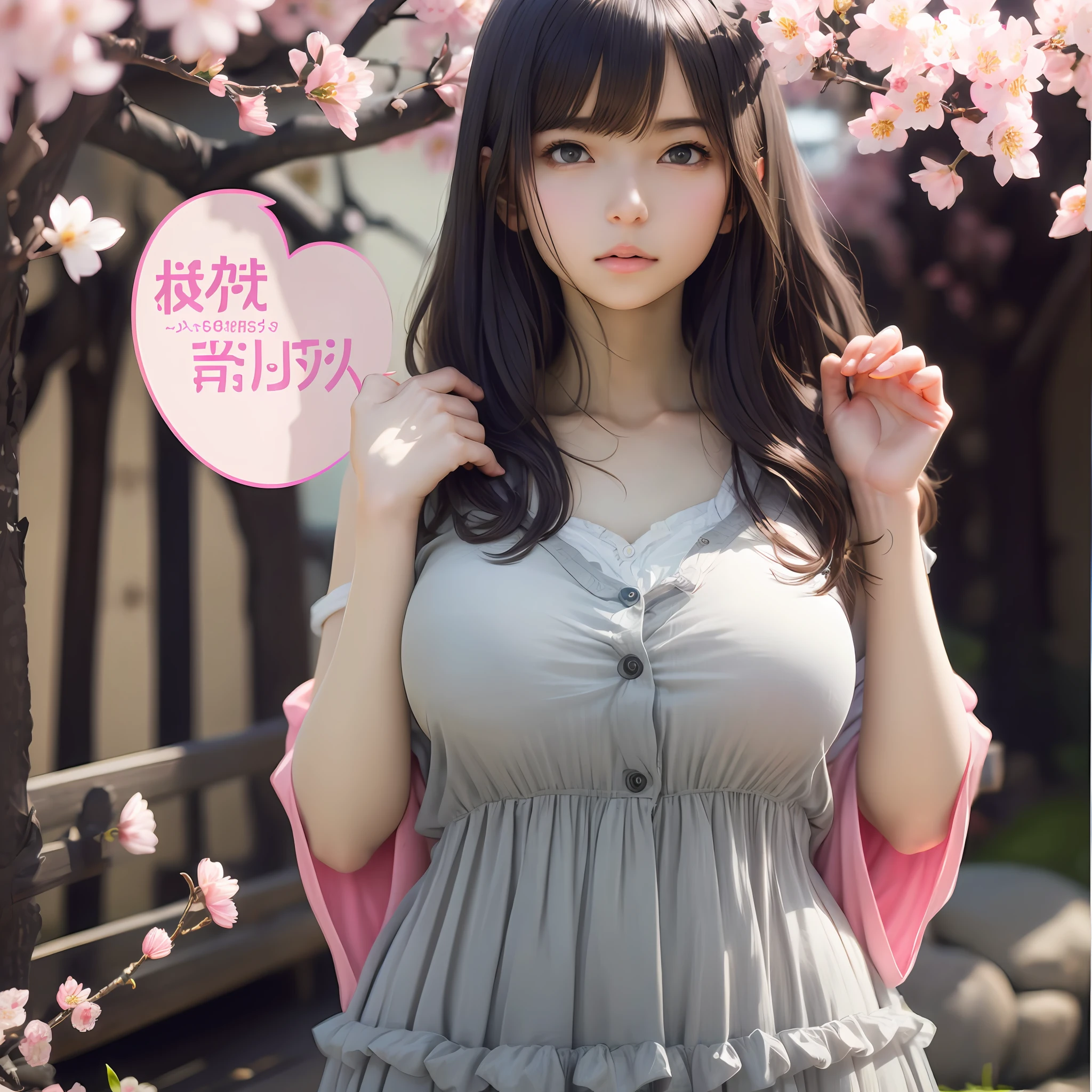 high resolution, highest quality, super high quality, super detail, ultra realistic, photorealistic, anime, manga, illustration, animification, portrait, hot springs, hands on the rock, butt out, looking back, super cute woman, flowing layered messy light gray short bob, sparkling big pink eyes, mysterious, enchanting, lonely look, embarrassed face, alluring moist lips, huge breasts, under boob, great proportion, perfect proportion, slender, full body, hide by hand, background cherry tree, fluttering petals of cherry blossoms --auto