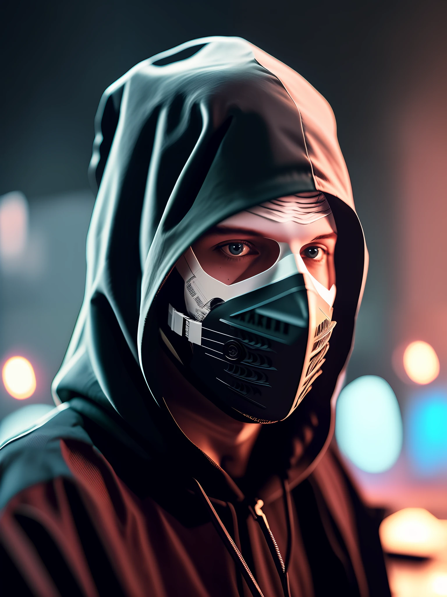 a close up of a person wearing a black hood, wearing mask, a close up of an electronic device on a table, dark theme, background text "Mr. Rius", misterius