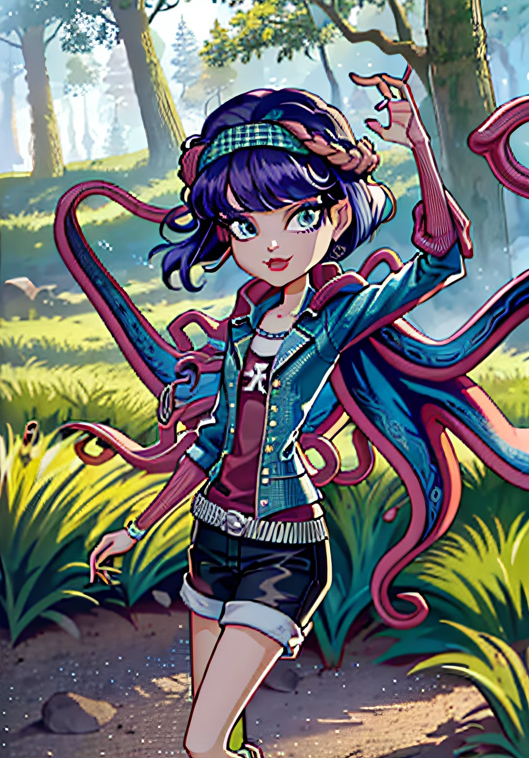 1girl, cute, (monster girl), (Octopus girl), shorts, chains, anchor pendant, detailed, googles headband, hair is tentacles, Purple hair short, boots, jacket, looking at viewer, (detailed landscape, forest:1.2), (background), (dynamic_angle:1.2), (dynamic_pose:1.2), (rule of third_composition:1.3), (dynamic_perspective:1.2), (dynamic_Line_of_action:1.2), solo, wide shot, (masterpiece:1.2), (best quality, highest quality), (ultra-detailed), (8k, 4k, intricate),(full-body-shot:1), (Cowboy-shot:1.2), (50mm), (highly detailed:1.2),(detailed face:1.2), detailed_eyes,(gradients),(ambient light:1.3),(cinematic composition:1.3),(HDR:1), Accent Lighting, extremely detailed CG unity 8k wallpaper, original, higher,(perfect_anatomy:1.2),