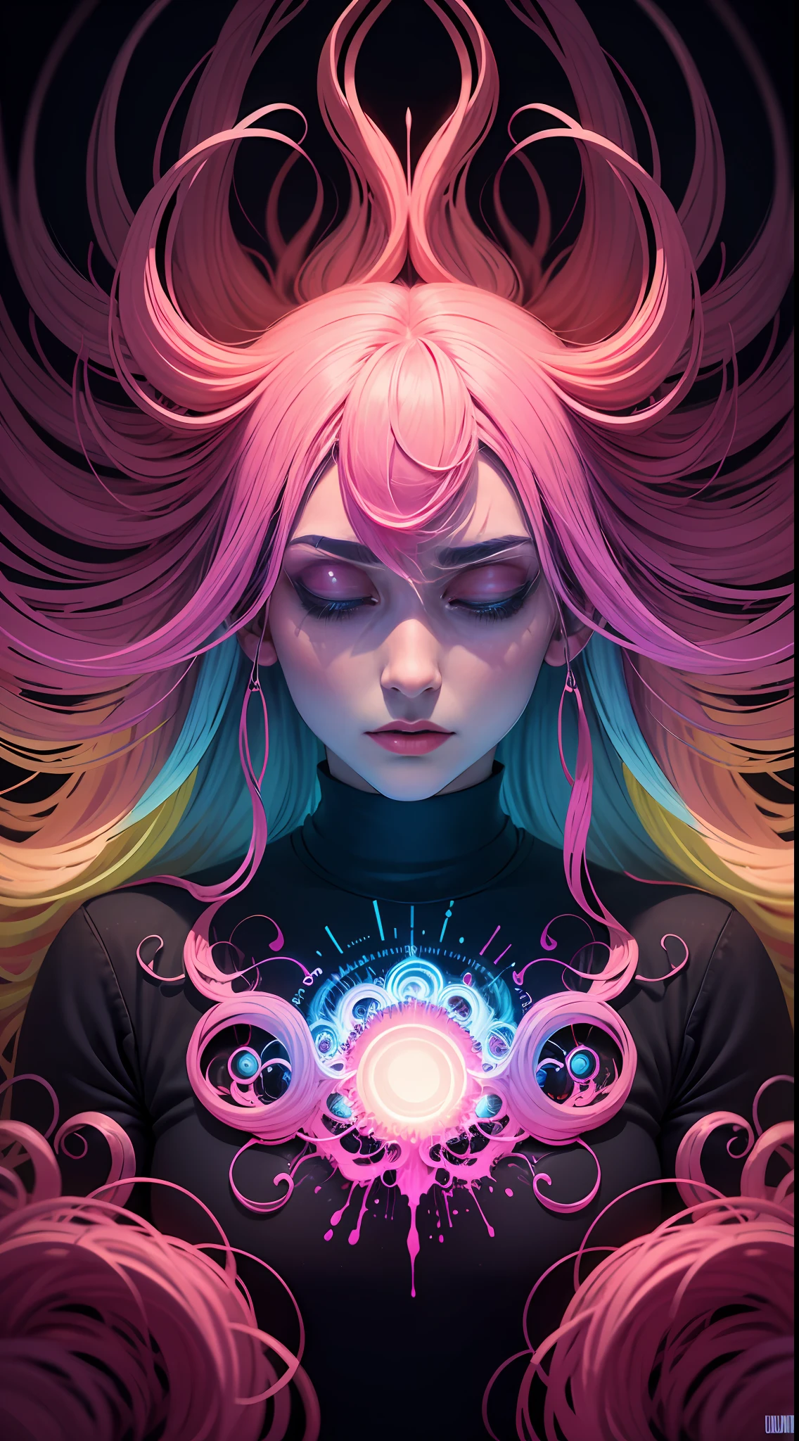 Create an image with vibrant colors and psychedelic shapes that visually represent an anxiety crisis in the mind of ((um homem))