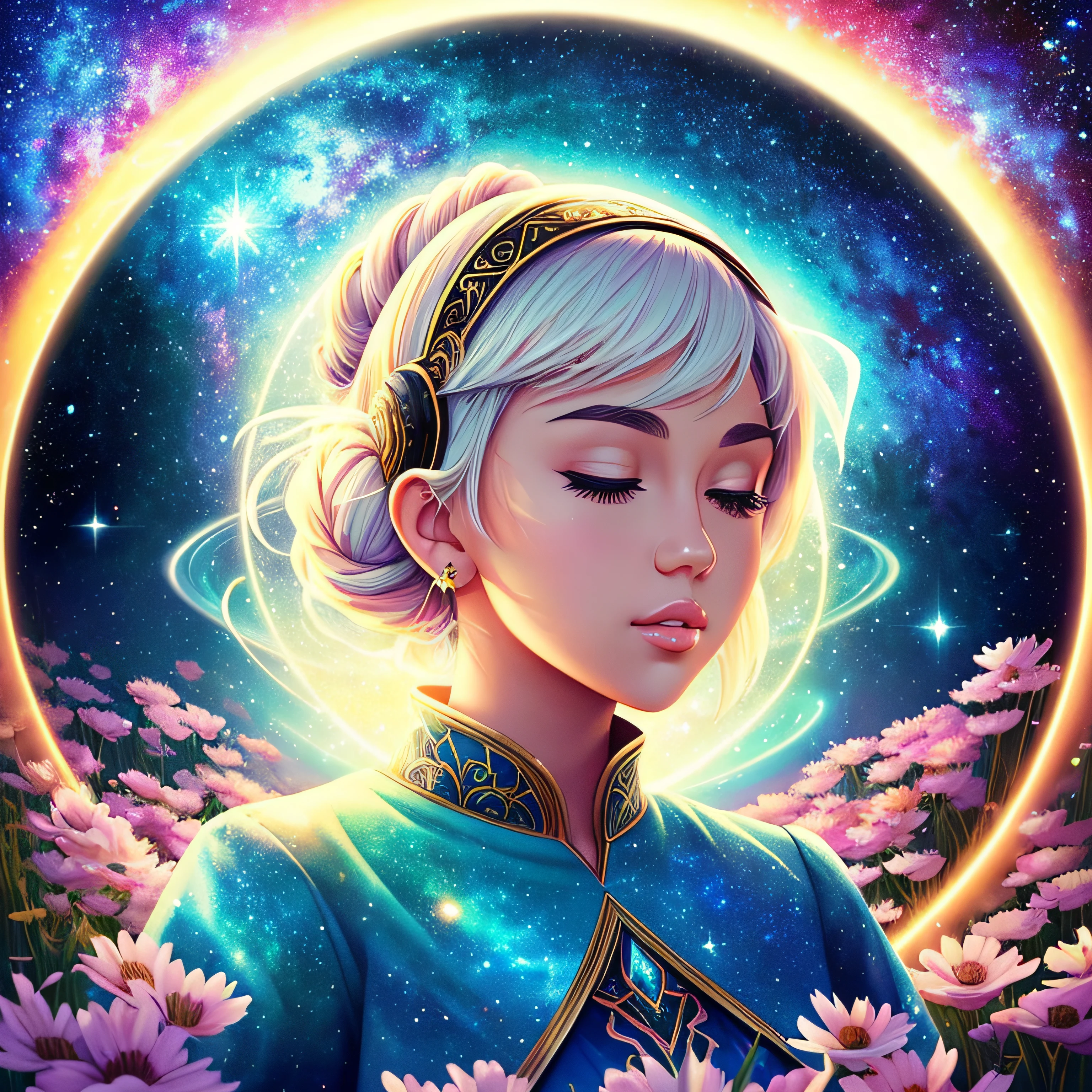 There's Miley Cyrus, who is praying with his eyes closed in a field of flowers, (((ela tem o cabelo curto))), (((flying saucer is visible in the sky))), (((galaxy is visible in the background))), (((roupa: hiphop))), arte digital detalhada bonito, Beautiful digital illustration, painting digital adorable, pintura realista da menina bonito, retrato bonito da arte da fantasia, retrato bonito da fantasia, stunning digital illustration, a beautiful artwork illustration, Digital painting nice, lindo pintura digital, retrato da arte da fantasia, bela arte digital, Bela arte UHD 4K