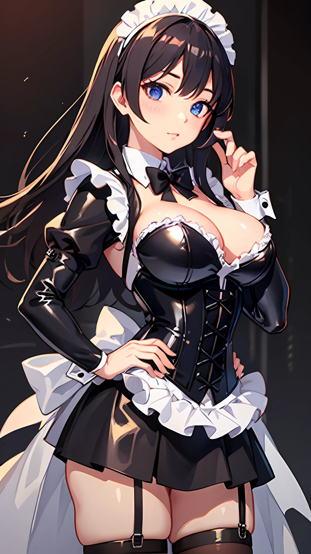 Alafi in corset and stockings poses on stage, Wearing a latex costume, very tight corset, in a leather corset, corsets, A sexy maid, Cosplay, gorgeous maid, Anime girl cosplay, maid clothes, elegant glamourous cosplay, fantasy outfit, goddess of Japan