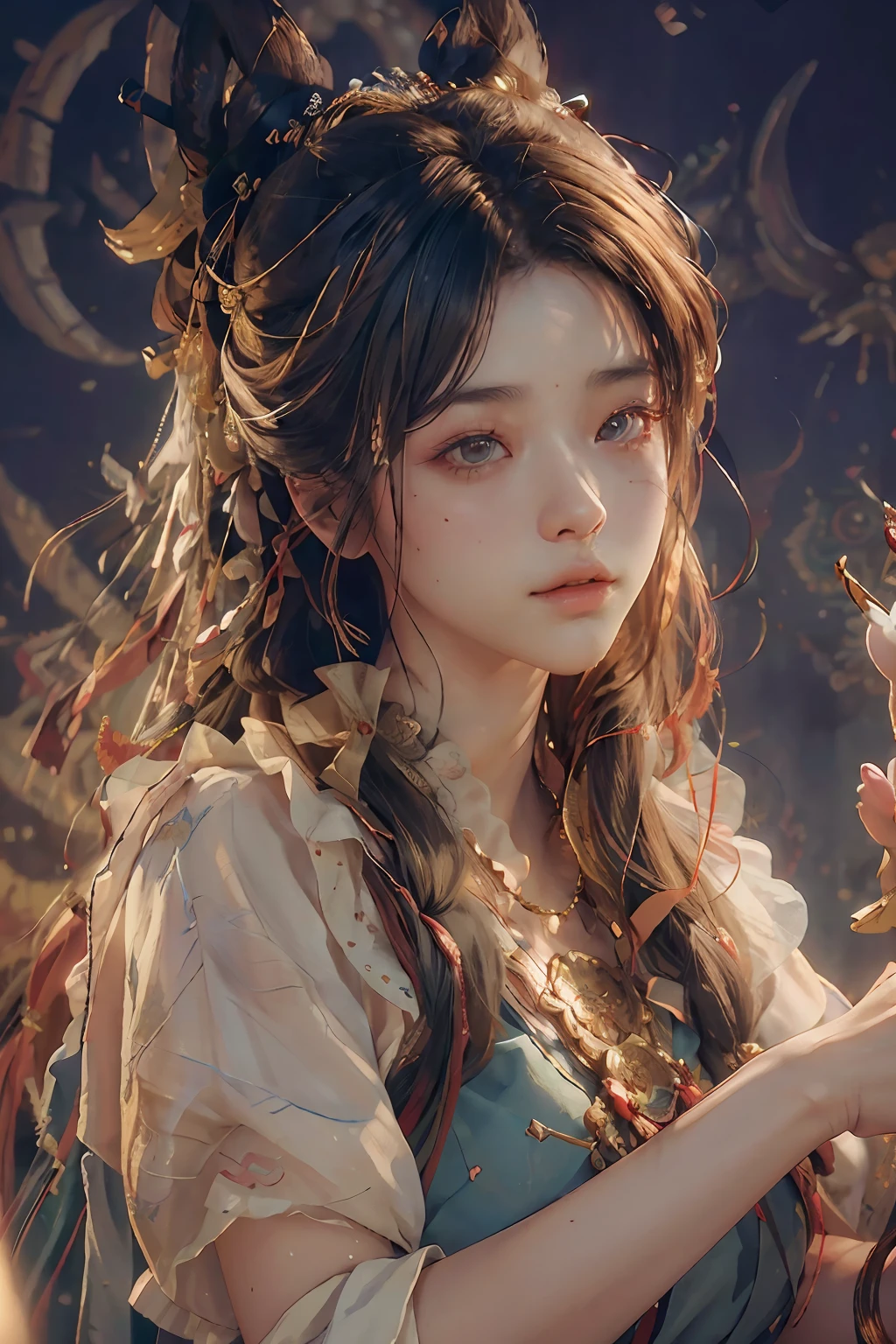 (RAW photo, best quality), (realistic, photo-realistic:1.3),best quality,highly detailed,masterpiece,ultra-detailed,illustration,1girl,upper_body,dynamic angle,world masterpiece theater,messy_long_hair,best quality,extremely detailed CG unity 8k wallpaper,ink,Amazing,cinematic lighting,lens_flare, dunhuang_style