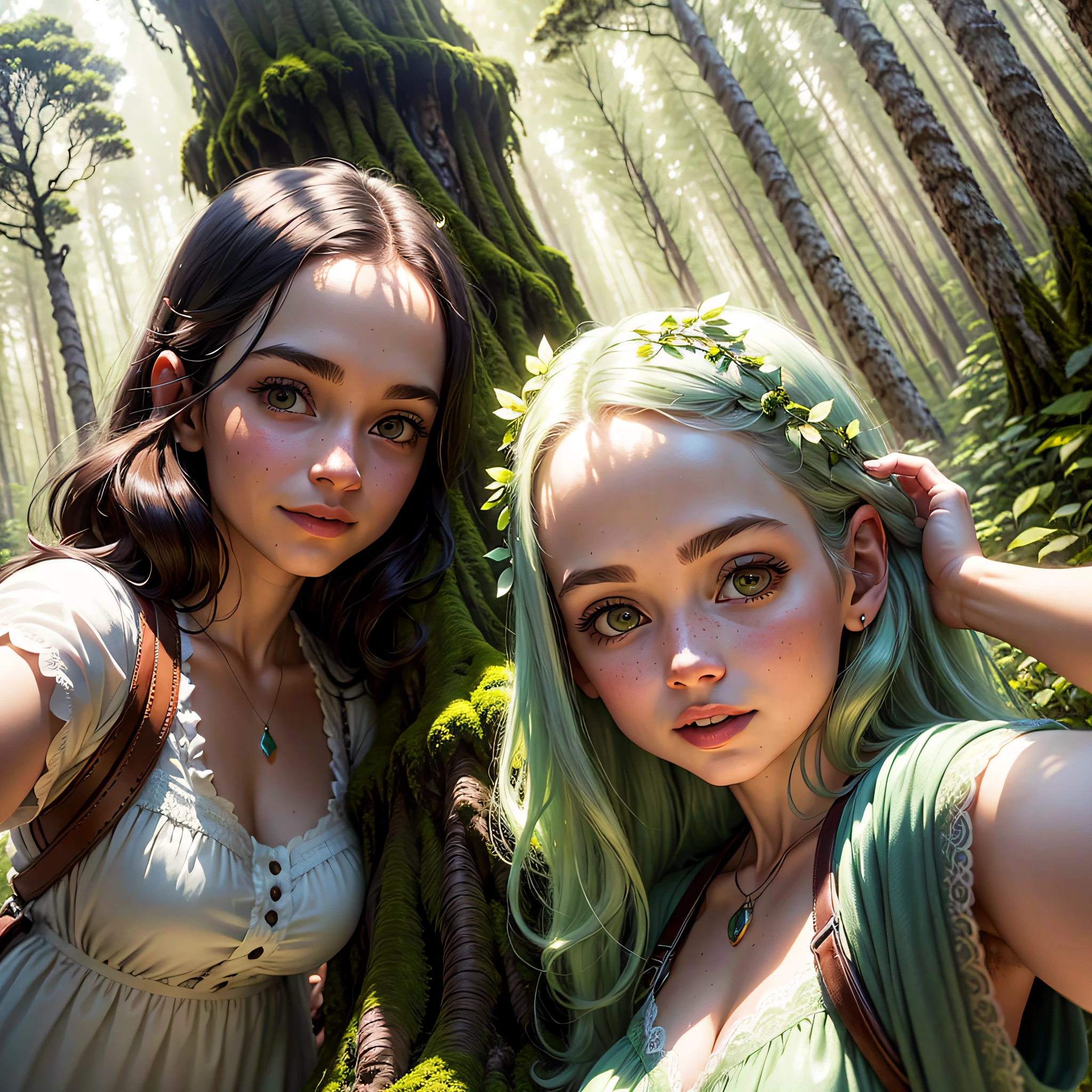 Nature lovers' selfie among fairytale trees" Aventure-se em uma floresta encantada com Olivia, uma entusiasta da natureza, who takes a selfie among towering moss-covered trees. The mystical ambience and stained sunlight create an ethereal and magical selfie experience.