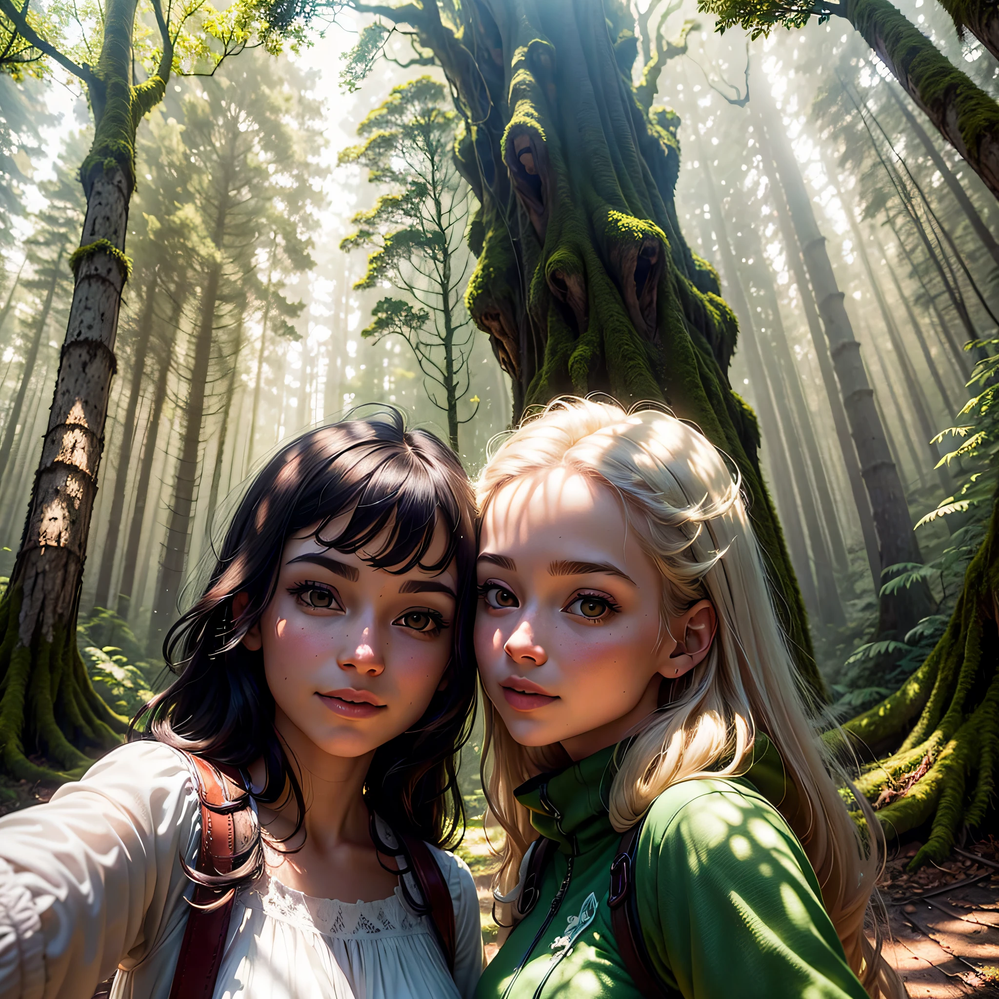 Nature lovers' selfie among fairytale trees" Aventure-se em uma floresta encantada com Olivia, uma entusiasta da natureza, who takes a selfie among towering moss-covered trees. The mystical ambience and stained sunlight create an ethereal and magical selfie experience.