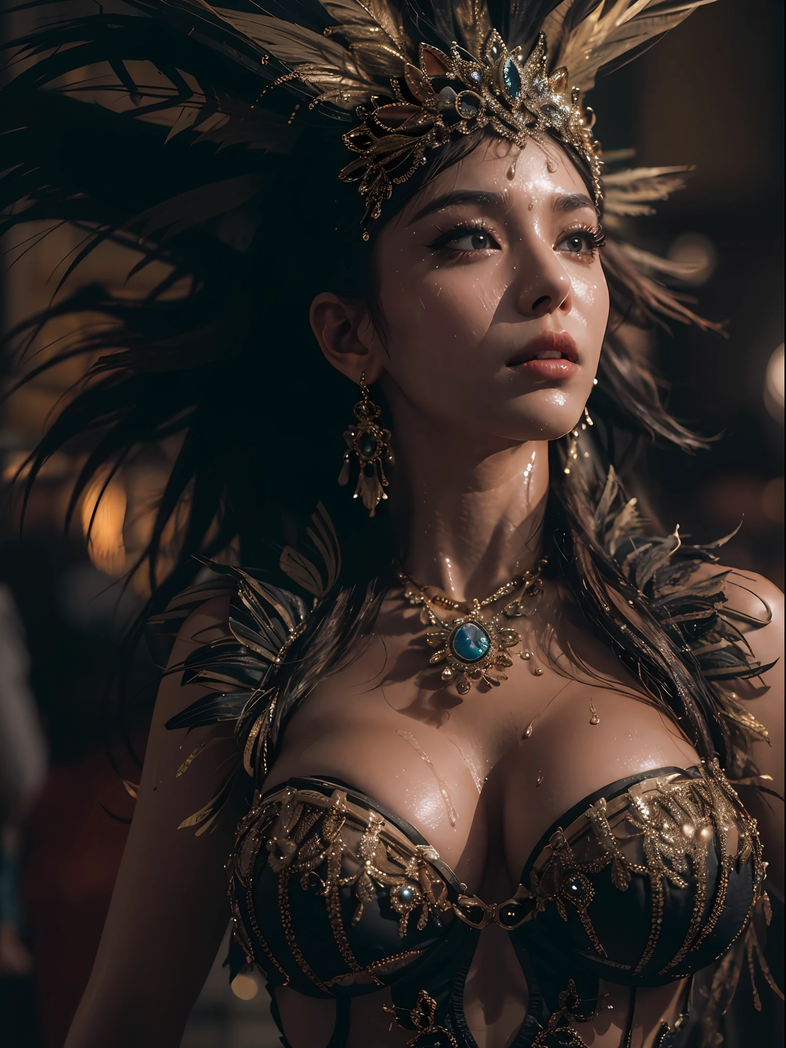 a woman, (wearing samba dance dress:1.2), carnival, black dress, good hand,4k, high-res, masterpiece, best quality, head:1.3,((Hasselblad photography)), finely detailed skin, sharp focus, (cinematic lighting), soft lighting, dynamic angle, [:(detailed face:1.2):0.2], medium breasts,high heels，huge breasts，large breasts，big boob，Burst breasts，Big breasts，Plump breasts，Expose breasts，bare breasts，Narrow waist，Bare ass，big ass，bare belly，bare navel，wet，wet body，sweating body，shiny skin，pubic hair，intricate details, ((cinematic light)),