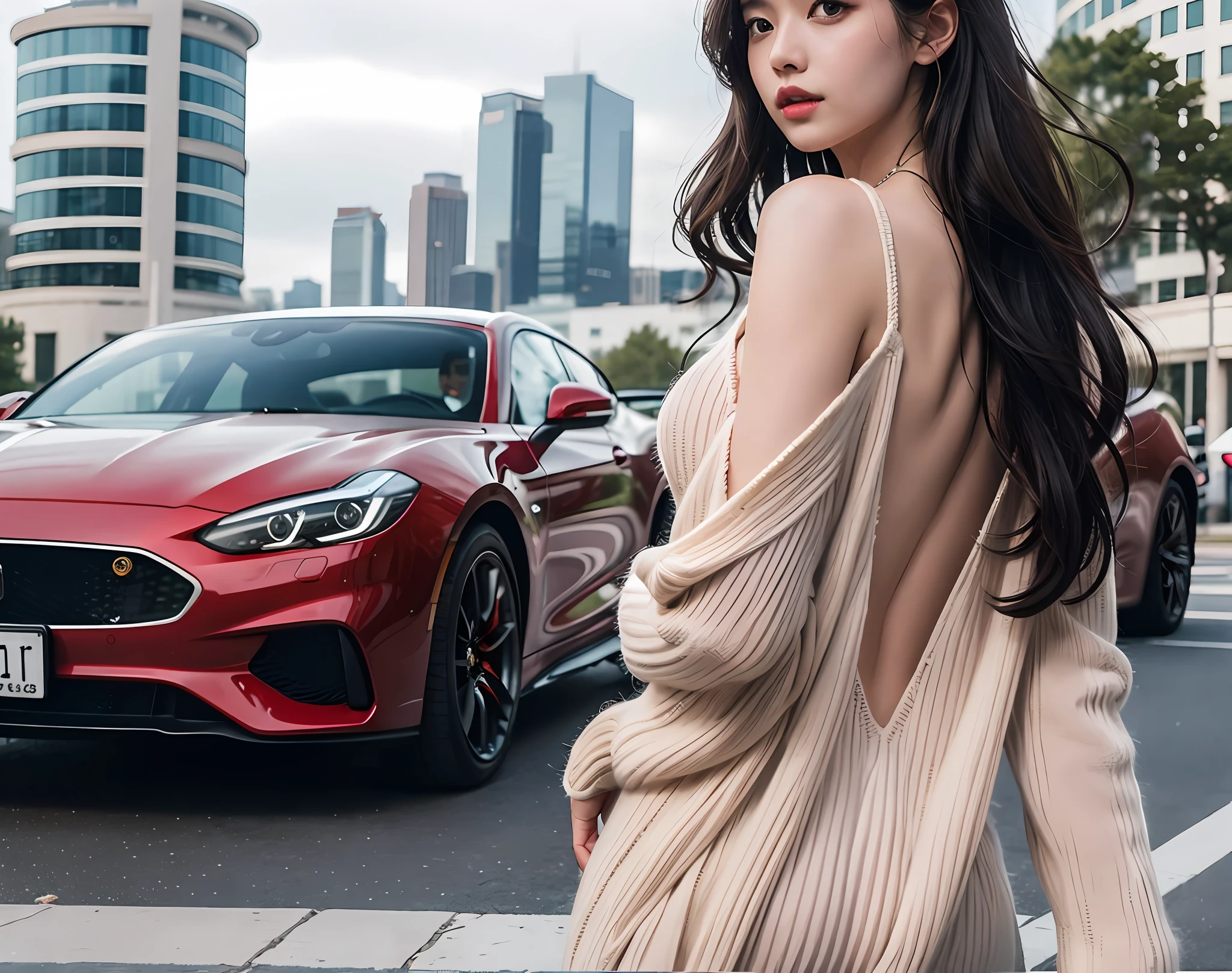 Imagine the highest quality photos。The background is a sophisticated cityscape、A luxury sports car is shining a bright light。Beautiful long-haired female model in tight knitted dress posing in front of sports car。
Her knitted dress is an elegant pink color、Fit the body、Highlights beautiful curves。The material of the dress has a sense of luxury、Glossy。Her long hair was soft and wavy.、It sways in the wind to create an elegant atmosphere。
Female model looking at camera with confident expression.、The poses are attractive with a sophisticated posture。Fusion of beautiful figure and sports car、It further emphasizes the feeling of luxury and glamour。
A photograph that captures a wonderful moment that conveys the charm of luxury and fashion。.、It will make your viewers feel a gorgeous world。Elegant pose of the model and the glamorous sight of a sports car、It is a photo that exudes an attractive sense of luxury..。