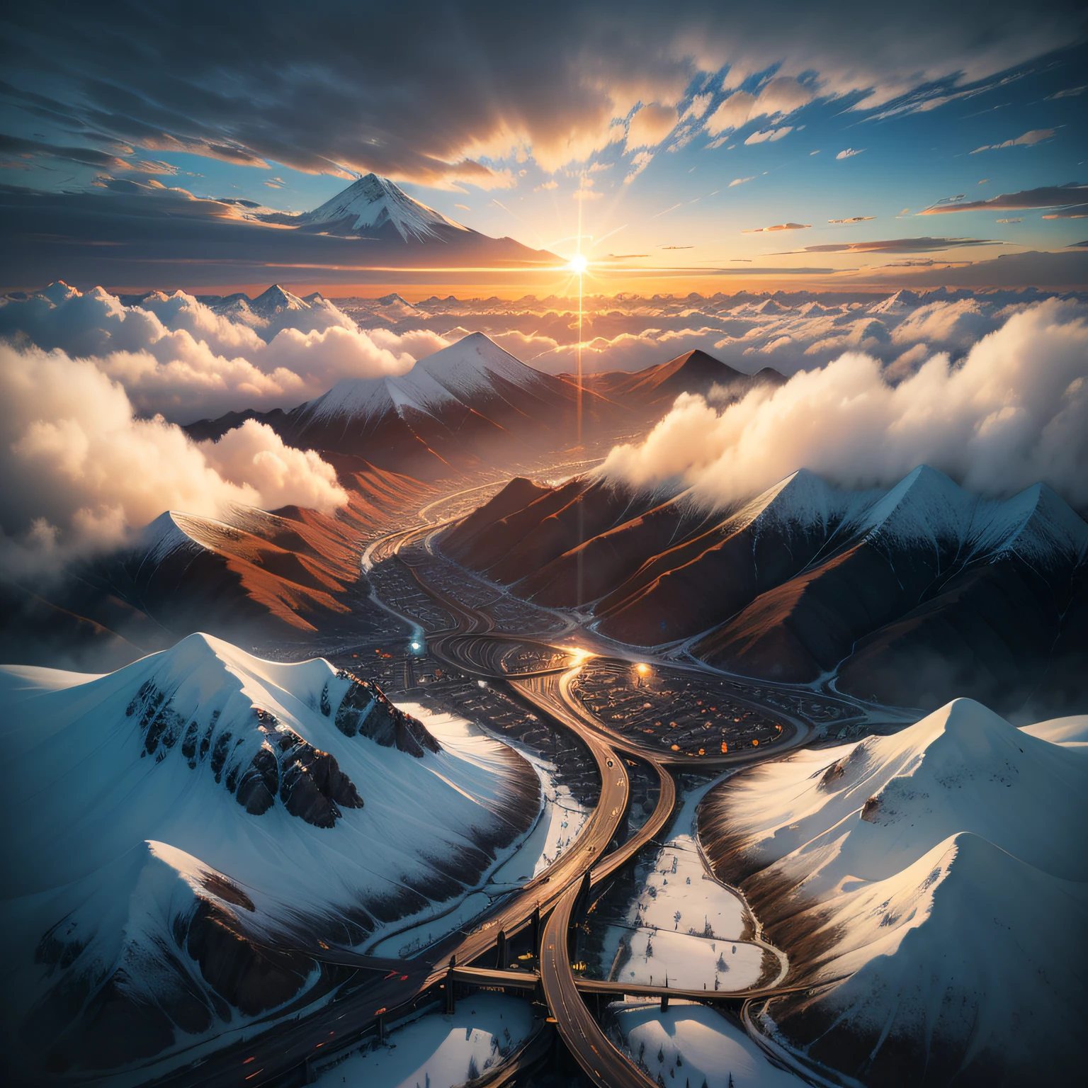 Lower left corner town,Wide highway,Access to snowy mountains,aerial shot,The rising sun,Magnificent clouds。