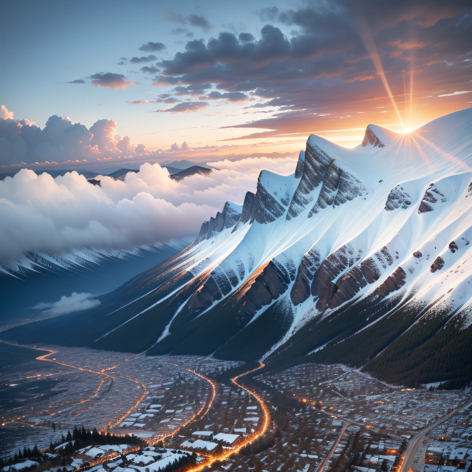 In the lower left corner is a large area of town,A road leads to the snowy mountains,aerial shot,sunraise,Large clouds