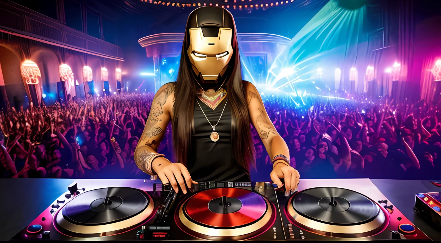 Young tantric priestess with percings tattoos and an ironman mask on her body mixing on a dj turntable in an ultra-realistic photo temple --auto