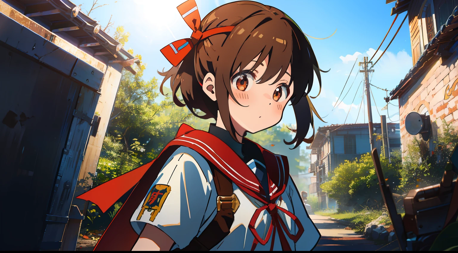 One girl、battle garments、Ribbon on the head、masterpiece、Top image quality、top-quality、cute little、suprised、Brown hair、1Tsuknot、Have a gun、battle field