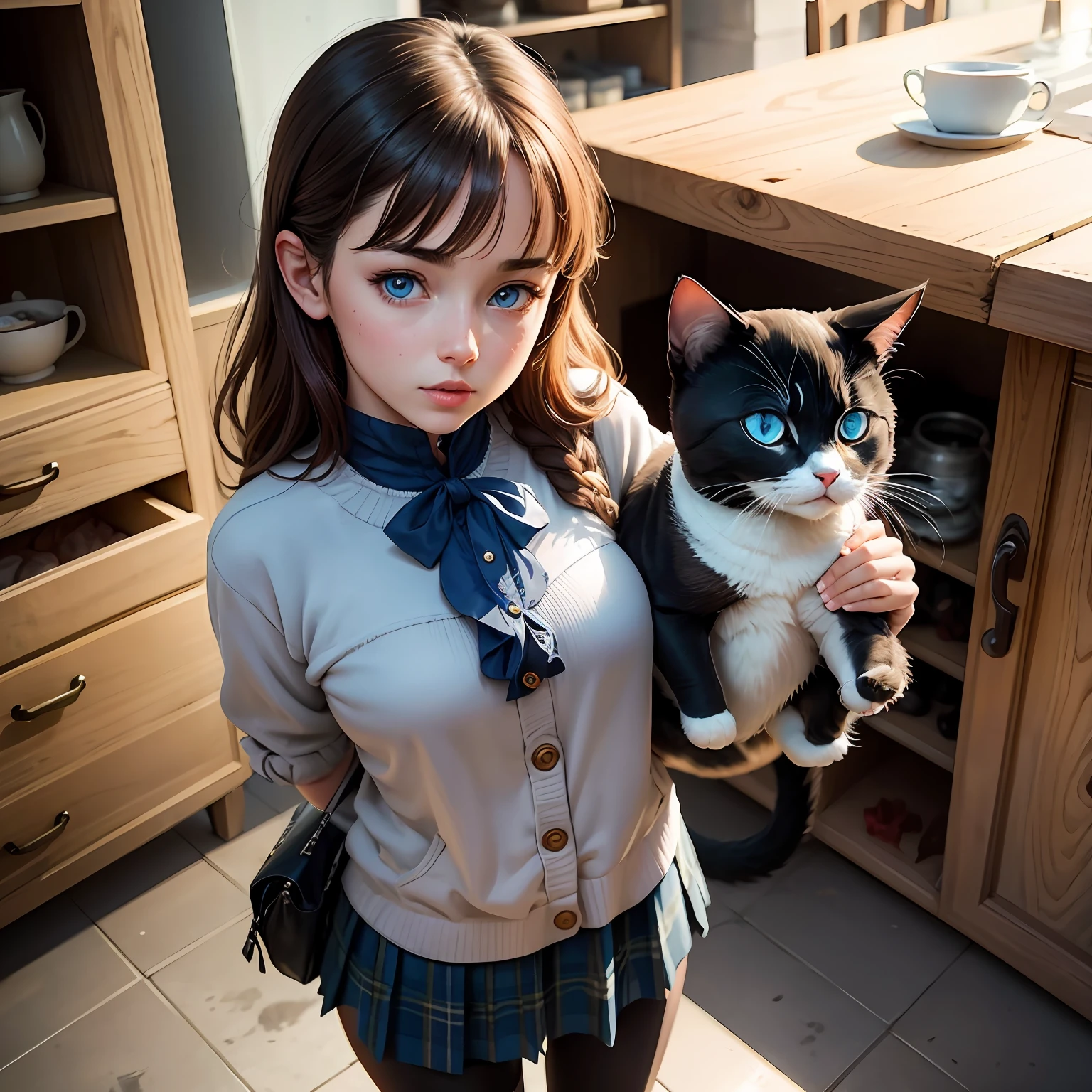 Height 160cm,Weight 50kg,Bust 85cm,brunette color hair,Blue eyes,Cat lady,Scottish folding cat --auto