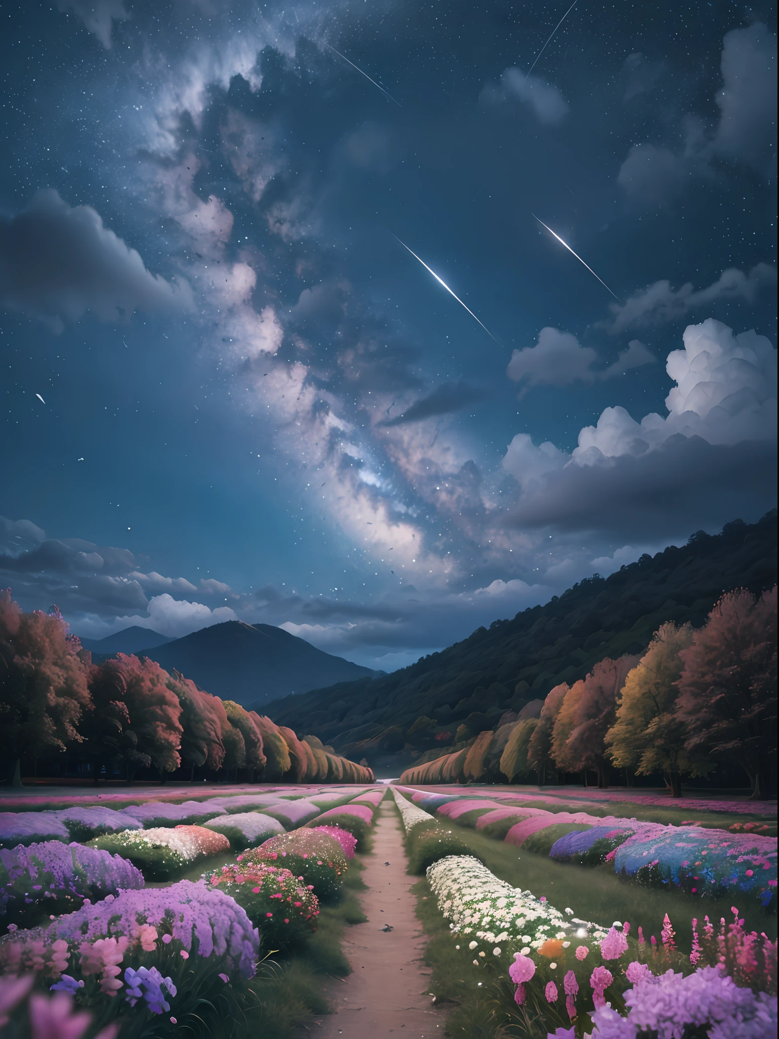 Unknown, original, Fantasia, deph of field, florals, flower field, SHINES, natta, nigh sky, a plant, boulders, landscapes, shooting stars,, Skysky, The tree,