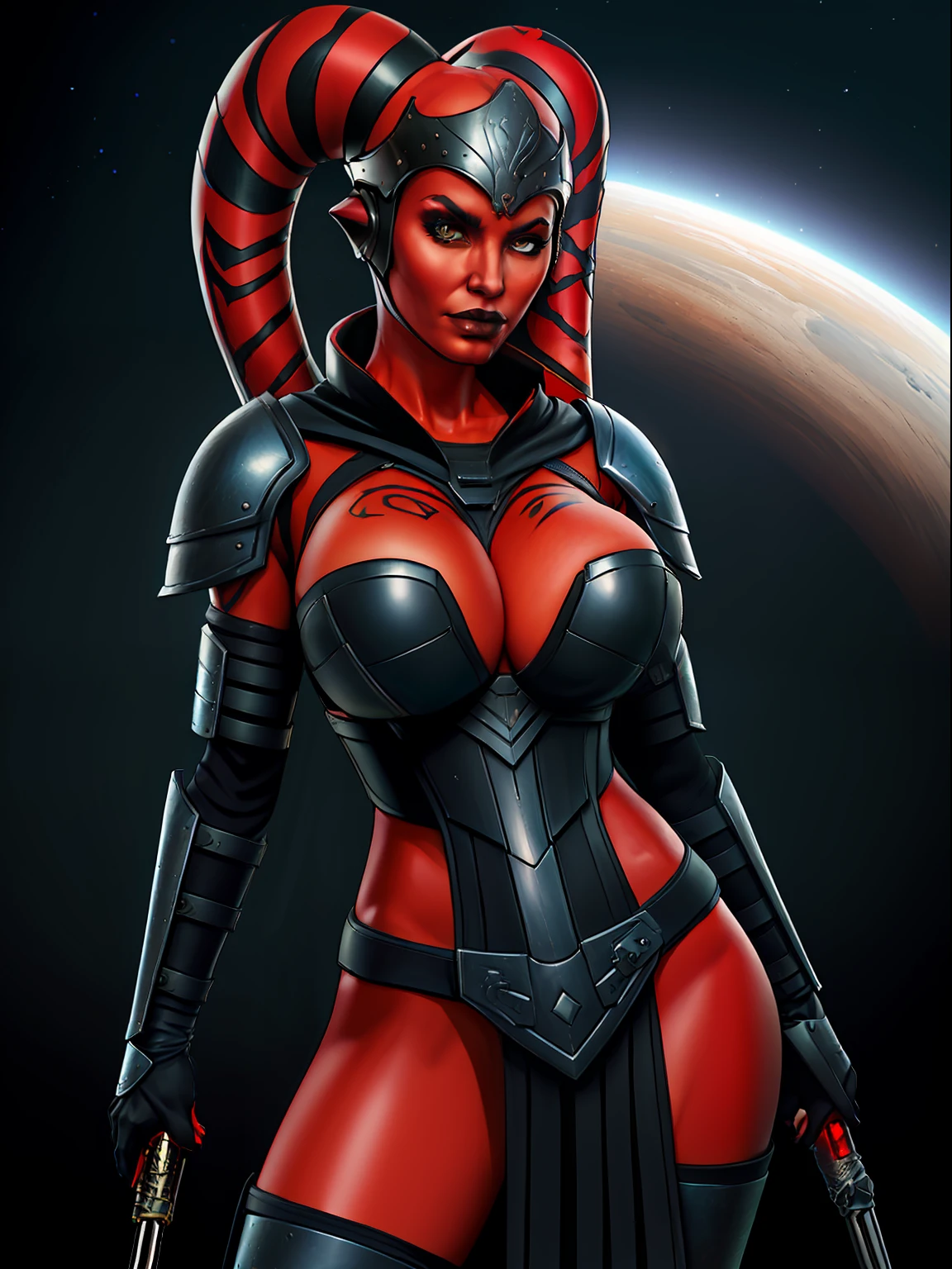 armor, busty, massive tits, gigantic boobs, huge cleavage, ((red skin), twi'lek), dual red lightsabers, evil space knight, space ninja, (wearing heavy black armor, robes, black stealth armor, hip armor, breastplate, tunic, tabard, cowl, cloak, body glove, straps, buckles, skirts, long sleeves, fantasy, ((armor))), ((busty), slender body, thin, slim sexy body, slim waist, (((gigantic breasts)))), Imperial starship, Star Wars, warlockandboobs