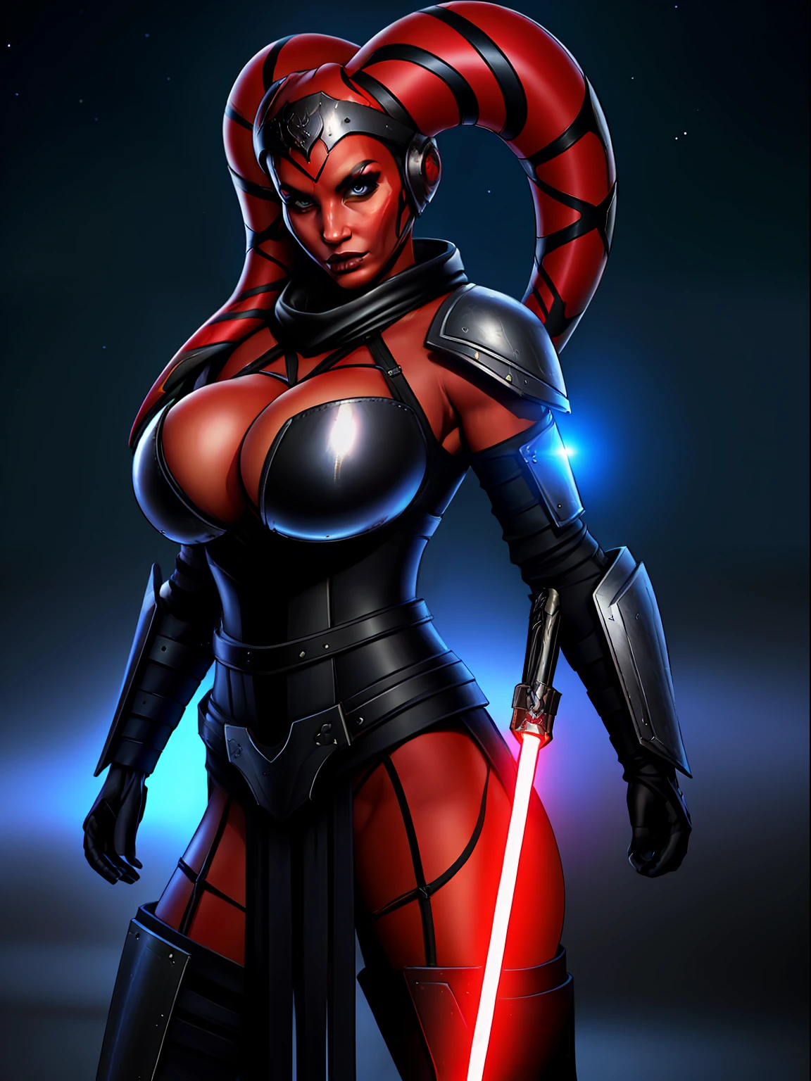 busty, (((huge boobs))), ((red skin), twi'lek), stretching, dancing seductively, sexy space dancer, (wearing black elegant black robe, cowl, bodysuit, straps, buckles, long skirts, long sleeves, thigh-high boots, fantasy), ((busty), slender body, thin, slim sexy body, slim waist, long legs, thin legs, ((gigantic breasts))), Imperial starship, Star Wars,