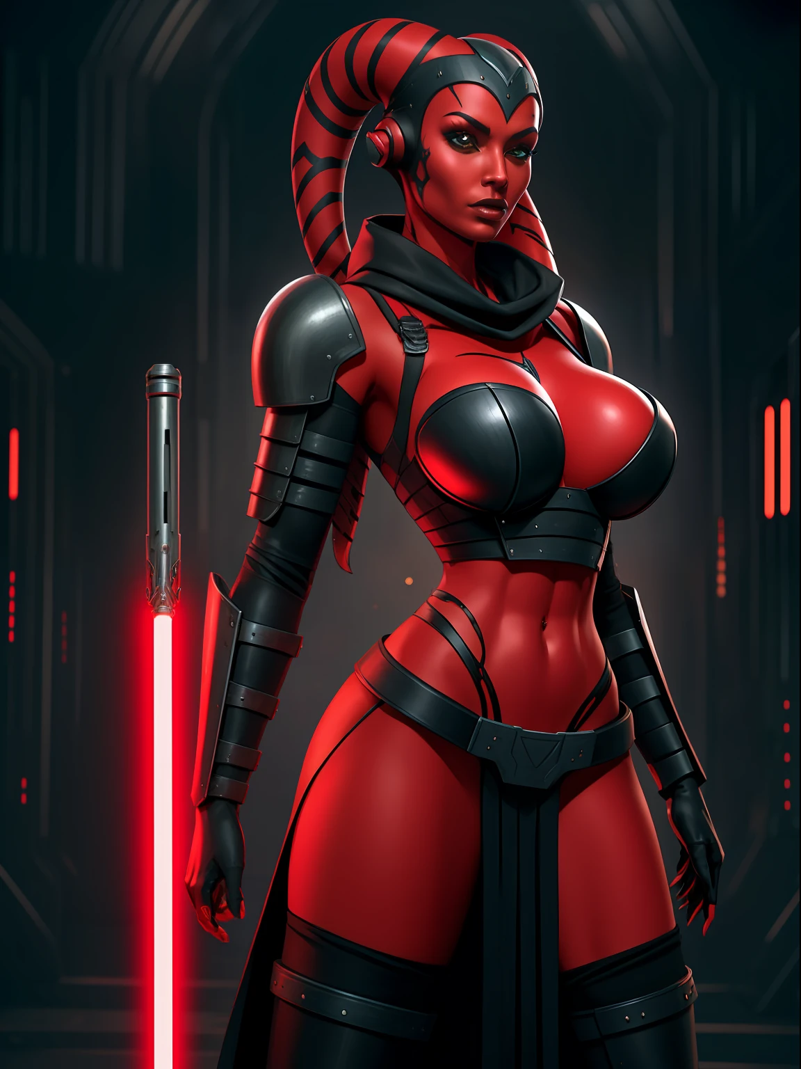 armor, busty, ((red skin), twi'lek), dual red lightsabers, evil space knight, space ninja, (wearing heavy black armor, robes, black stealth armor, breastplate, tunic, tabard, cowl, cloak, body glove, straps, buckles, skirts, long sleeves, fantasy, ((armor))), ((busty), slender body, thin, slim sexy body, slim waist, ((gigantic breasts))), Imperial starship, Star Wars,
