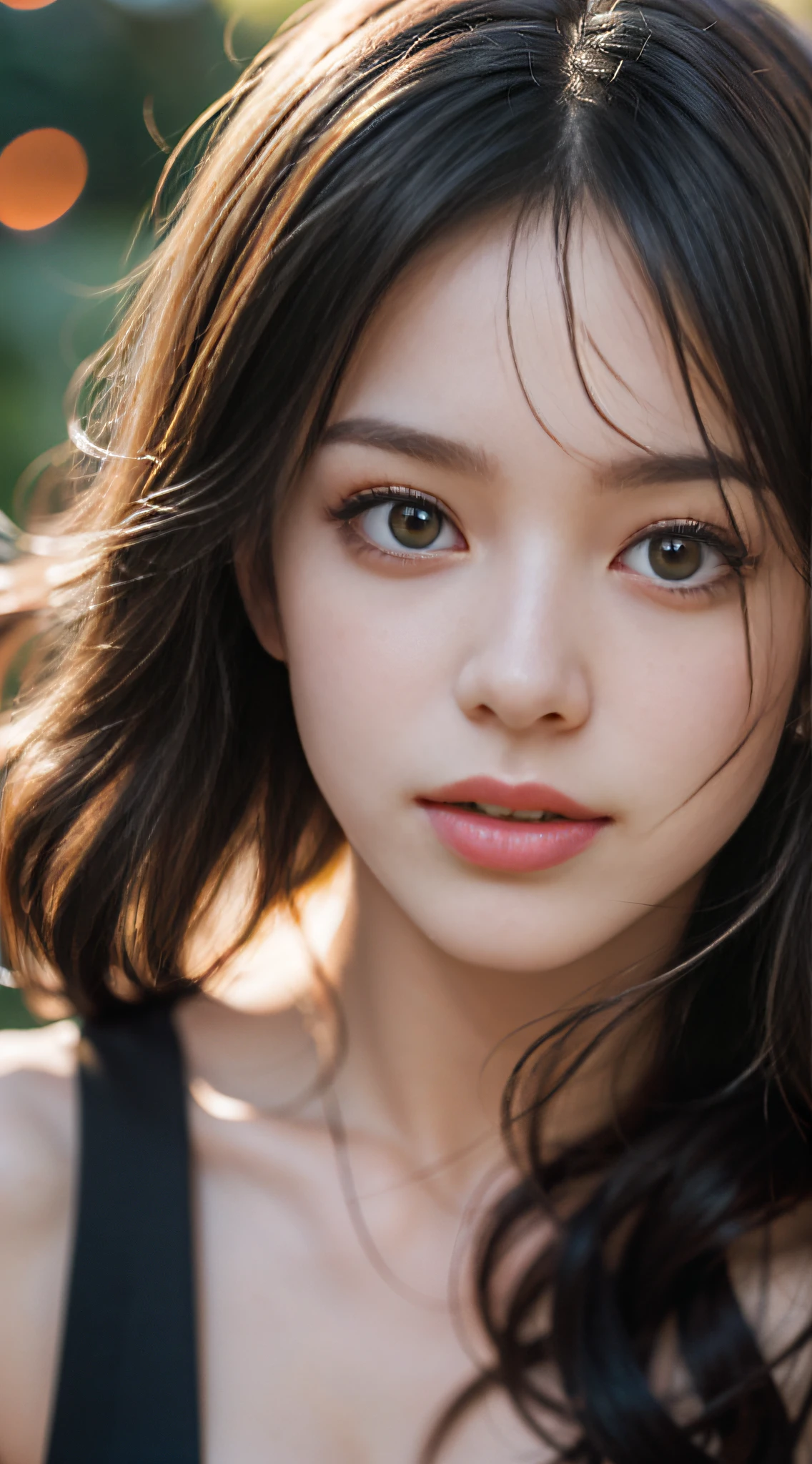 film portrait photography, 1girl, bare shoulders, wavy shoulder-length hair, serene, calm, (realistic detailed eyes, natural skin texture, realistic face details), soft dramatic lighting, depth of field, bokeh, vibrant details, finely detailed, hyperrealistic, 35mm film, hazy blur