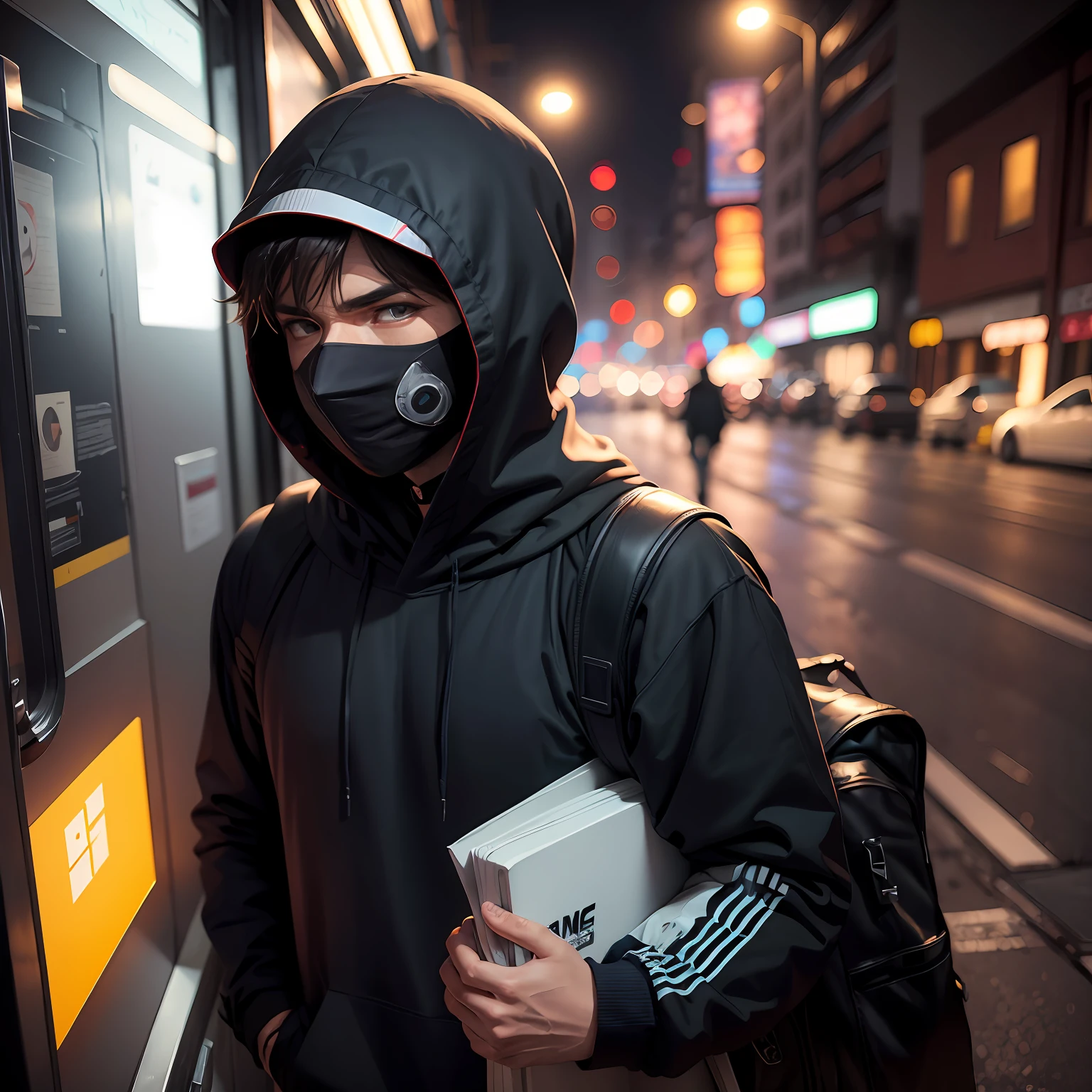Man dressed in sweatshirt and mask in pandemic returns home at night, realista