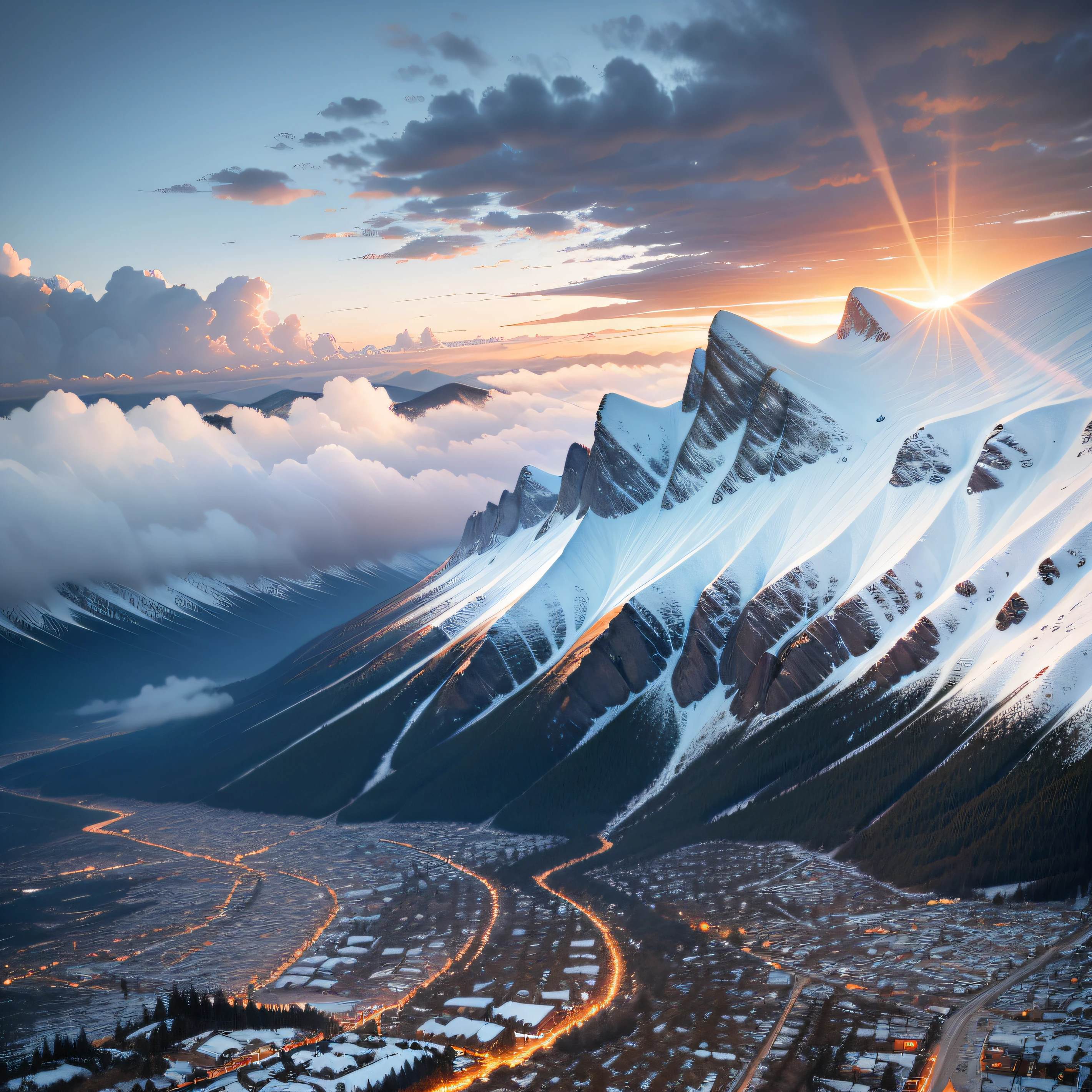 In the lower left corner is a large area of town,A road leads to the snowy mountains,aerial shot,sunraise,Large clouds