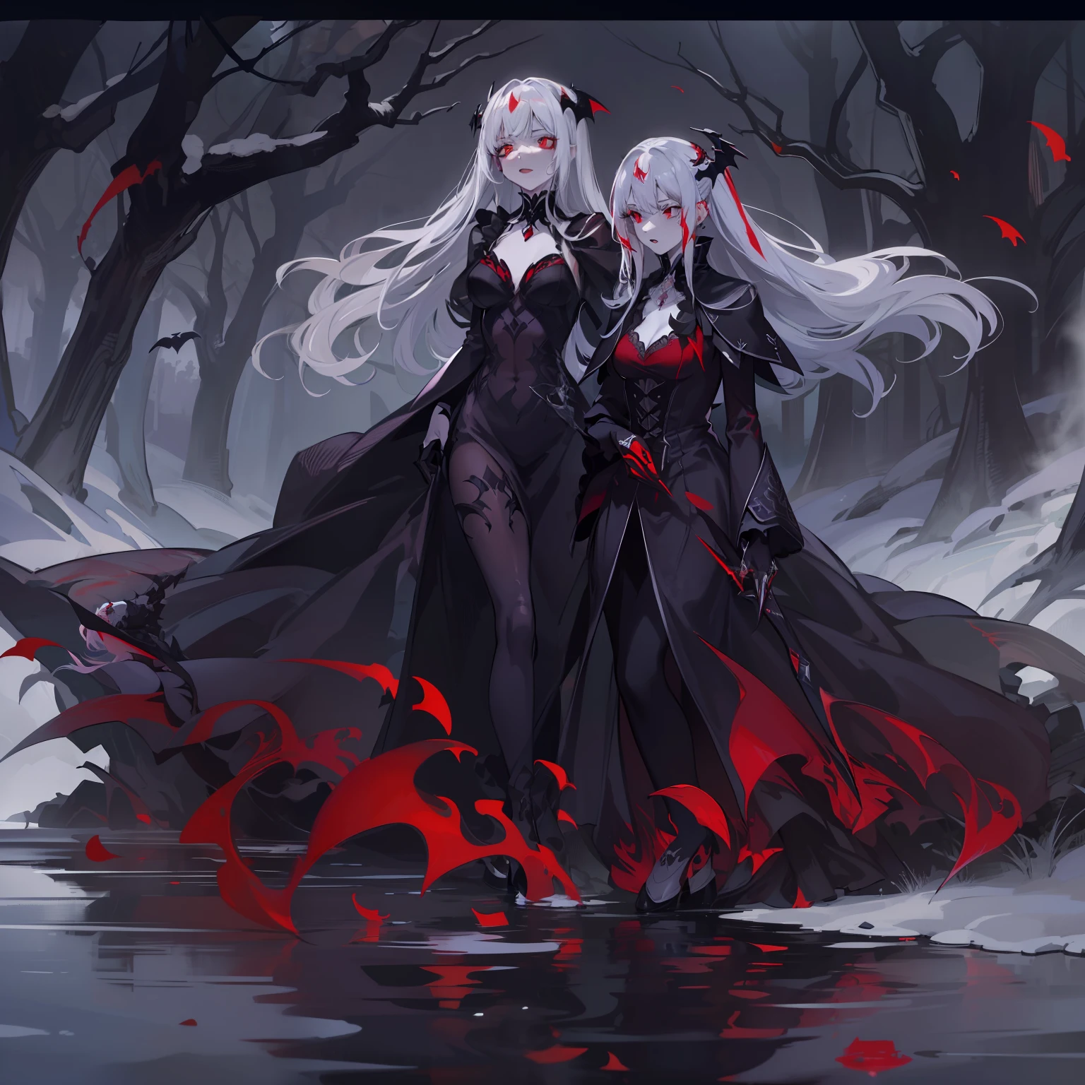 masterpiece,(bestquality),highlydetailed,ultra-detailed,cold,dark,snowy background, intense shadows, (vampiric atmosphere), (bloody red lips), (pale skin), (elegant poses), (mysterious vibes), (red nails), (rich Gothic fashion), (long flowing gowns), (red rose accessories), (haunting expressions), (glowing red eyes), (piercing gazes), (sharp fangs), (vampire bite marks), (ethereal beauty), (black lace), (glistening silver hair), (pale white hair), (sleek black hair with red highlights), (intricate hair rings), (half updo hairstyles), (hime cut hairstyles), (silky long hair), (matching black and white outfits), (twin vampires), (reflection on the water), (moonlight filtering through the trees), (ominous moon in the background), (dramatic lighting effects), (black eyeliner), (elegant posture), (graceful movement), (vampire hunters in the distance), (mysterious mist), (whispers on the wind), (long capes flowing in the wind), (dark magic), (an air of danger), (romantic ambience),