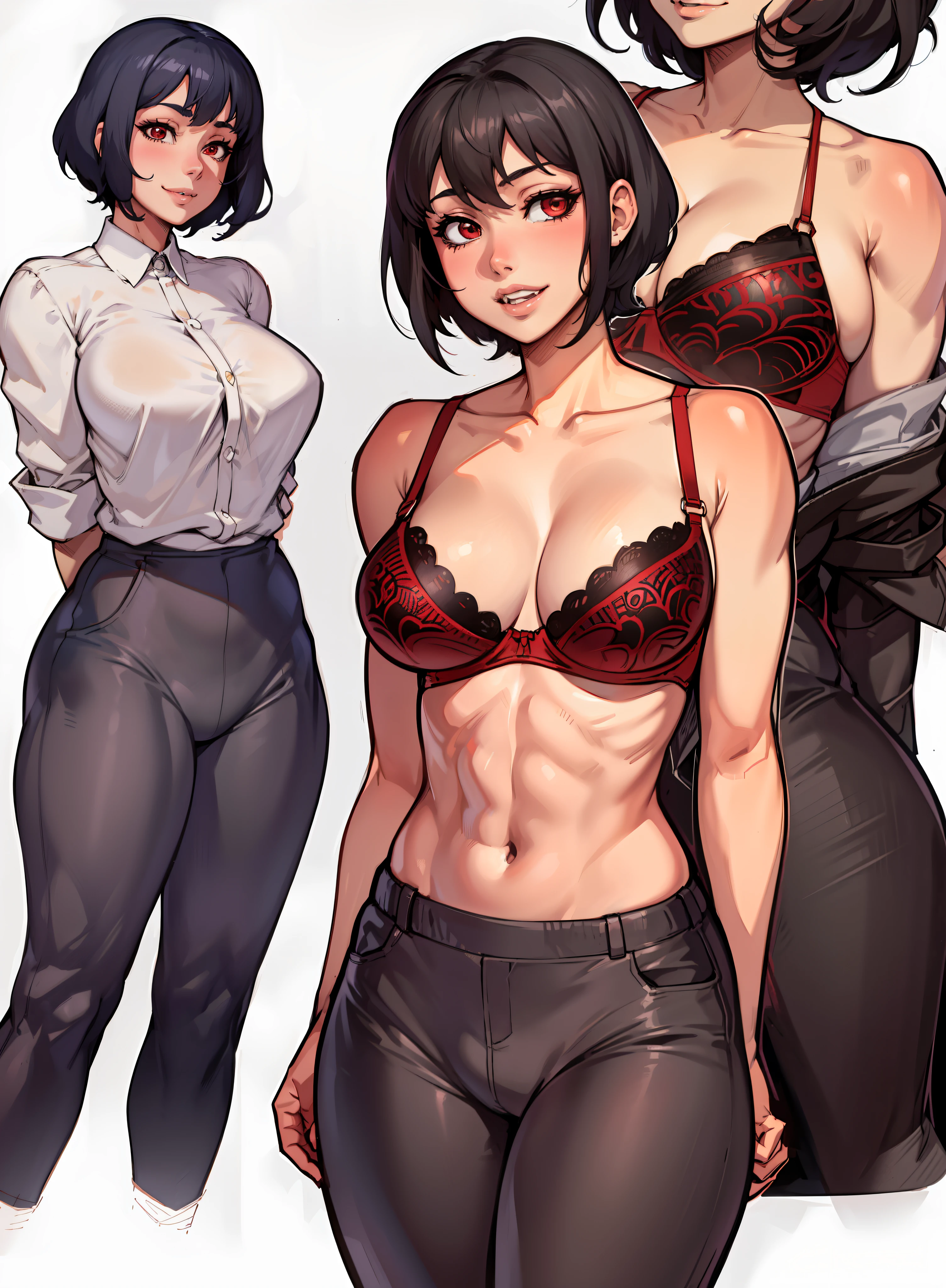 Solo anime girl (1girl) a manga drawing by Kentaro Miura, trending on pixiv, shin hanga, Red bra, (Red Bra) ((No shirt)), baggy pants, Red eyes, toned body, abs, seductive anime girl, teasing smile, Black Hair, Short hair, Hairstyle: Short Pixie Cut (sfw) safe for work, sfw version, top rated on pixiv, oppai, gapmoe yandere, handsome anime pose, hair is short on the sides and on the top, pretty hands, good anatomy. Arms hiding behind back, Scene: White background