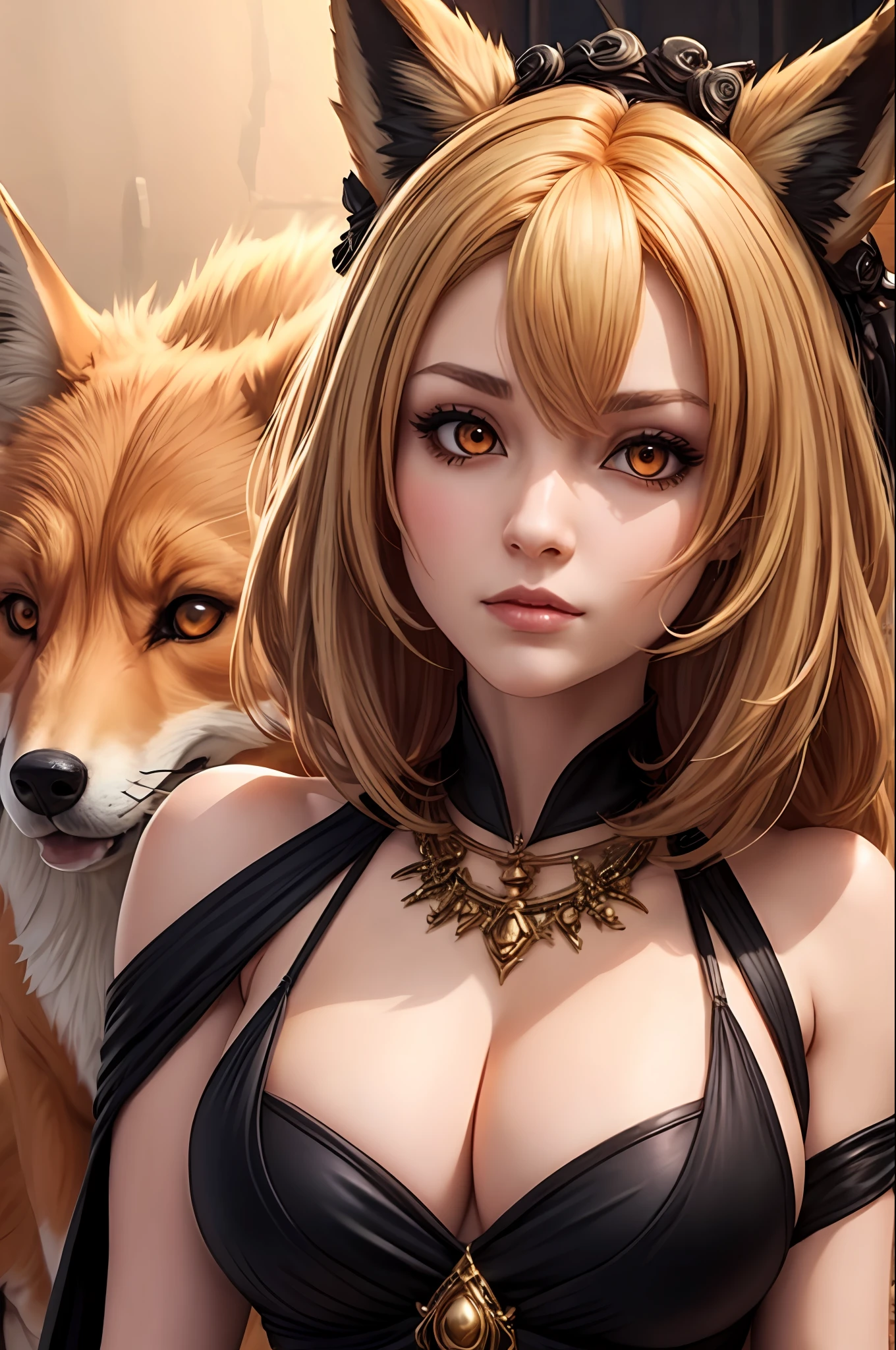 Hecate,Orange Eyes, blonde hair, Fox ears, cateyes, Black Dress, ahoge, Ornaments, Long hair, large breasts, Realistic,