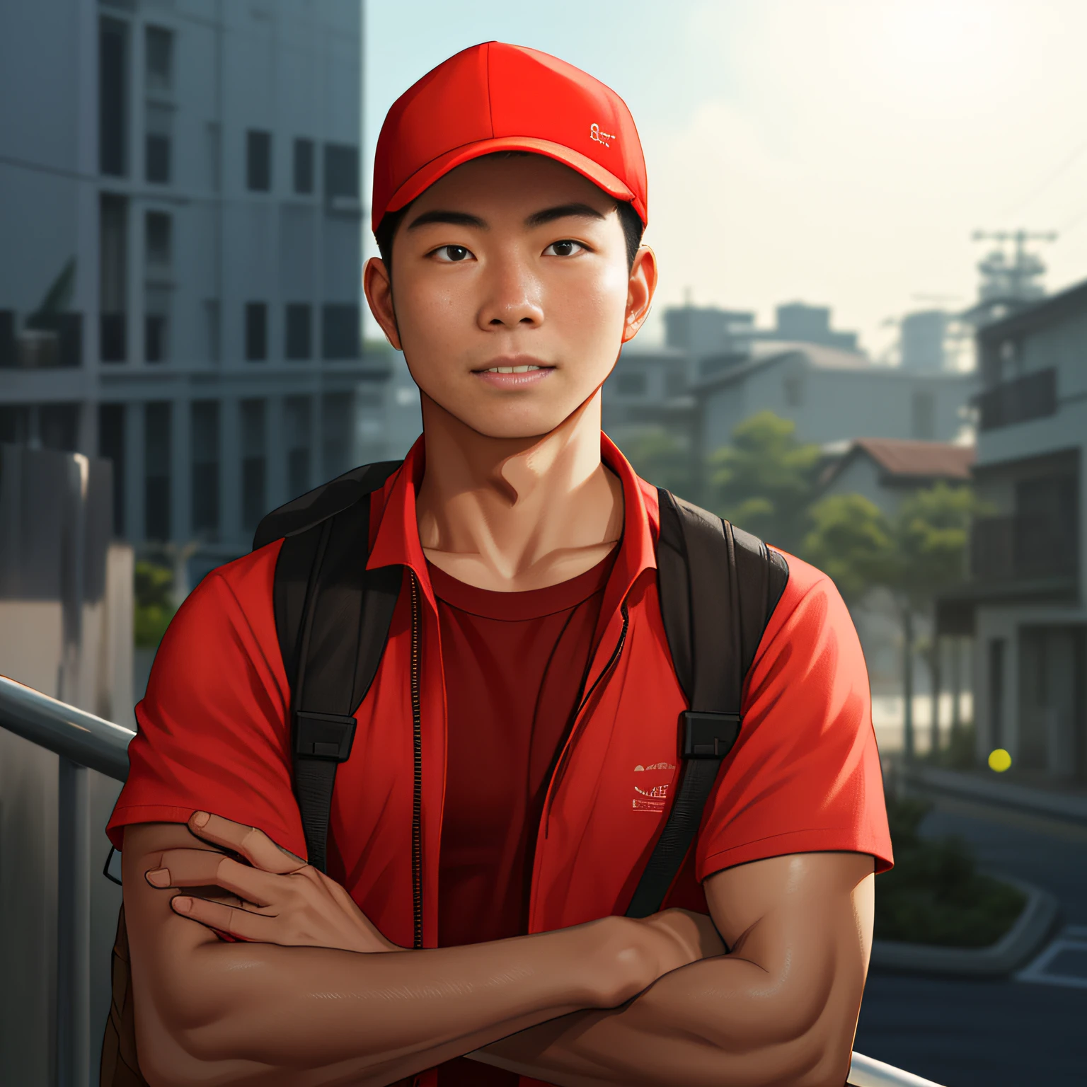 One wears a red cap,Asian engineer in red short-sleeved clothes,He is sunny and handsome,Fit and fit,Walk down the street on a hot summer day,On the way to the customer's house。RAW photos,8K,HighestQuali, 超高分辨率,Real human skin,up front view,realisticlying,full bodyesbian
