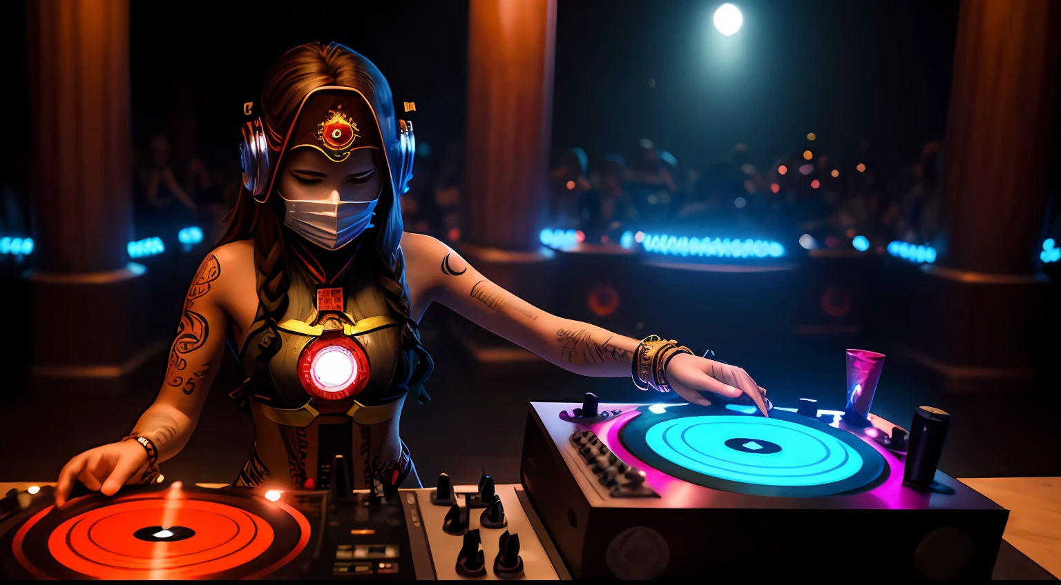 Young tantric priestess with percings tattoos and an ironman mask on her body mixing on a dj turntable in an ultra-realistic photo temple --auto