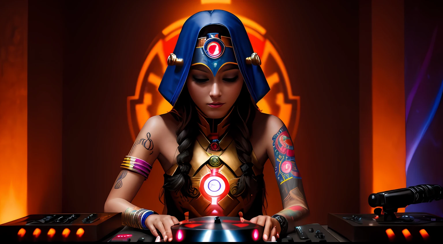 Young tantric priestess with percings tattoos and an ironman mask on her body mixing on a dj turntable in an ultra-realistic photo temple --auto