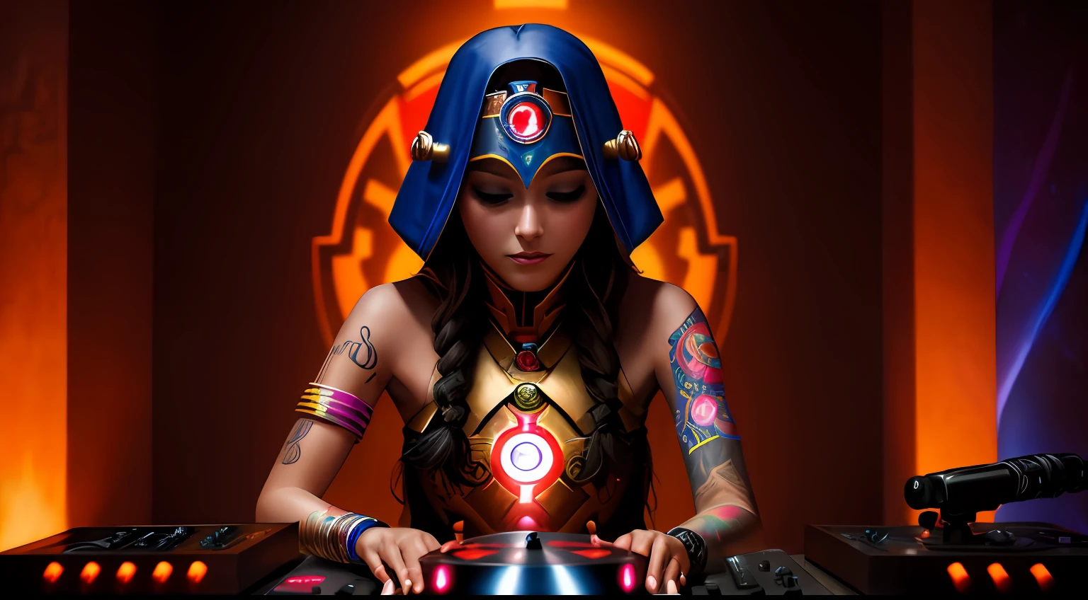 Young tantric priestess with percings tattoos and an ironman mask on her body mixing on a dj turntable in an ultra-realistic photo temple --auto