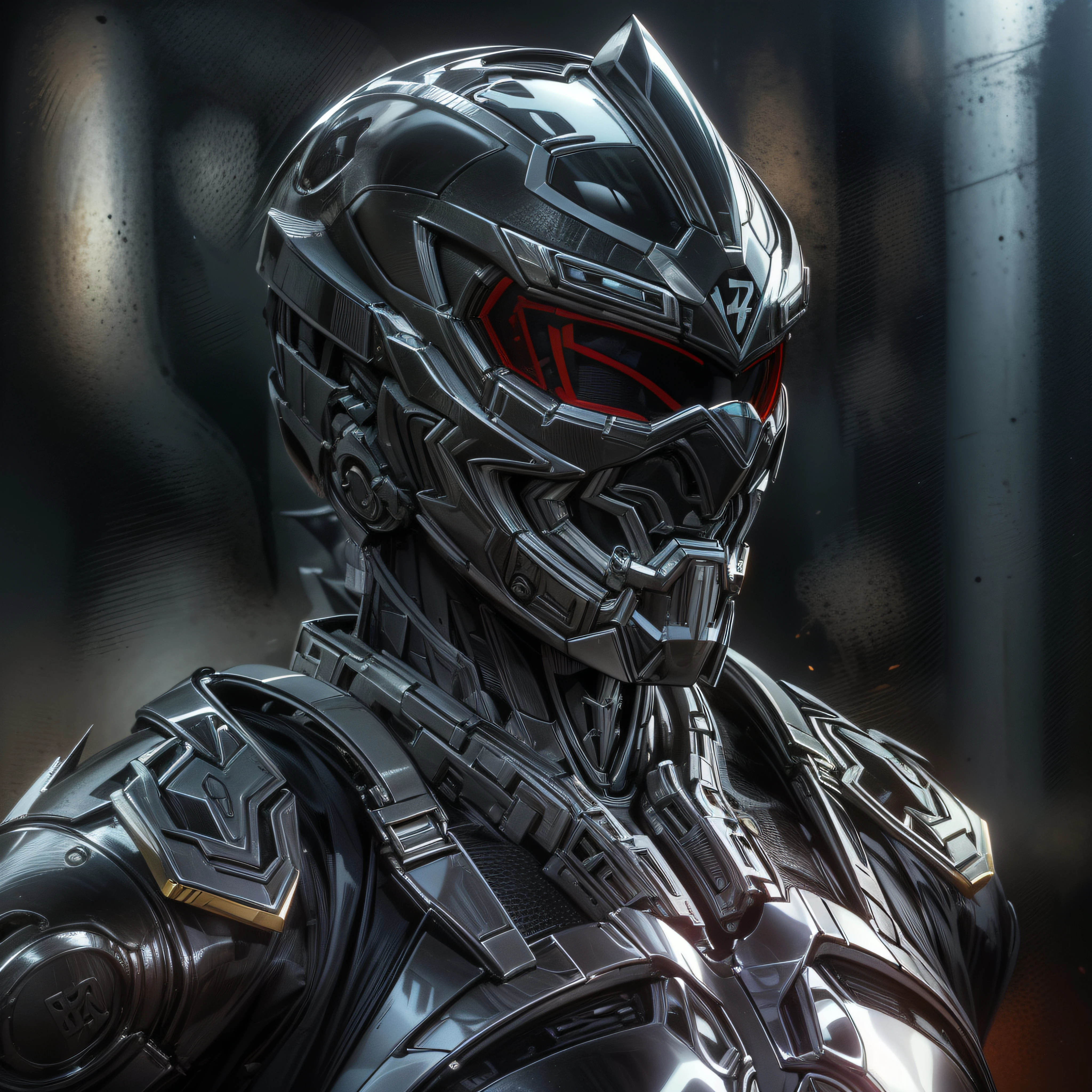 Half body image, Handsome man, made of black metal, (Black Cyborg: 1.1), (((Black Power Ranger's style helmet with chrome face plate))), ([Tail | Detail Wire]: 1.3), (Complex Detail), HDR, (Complex Detail, Ultra Detail: 1.2), Cinematic Shot, Masterpiece, Best Quality, High Resolution, Vaginal Foreign Object Insertion, Centering